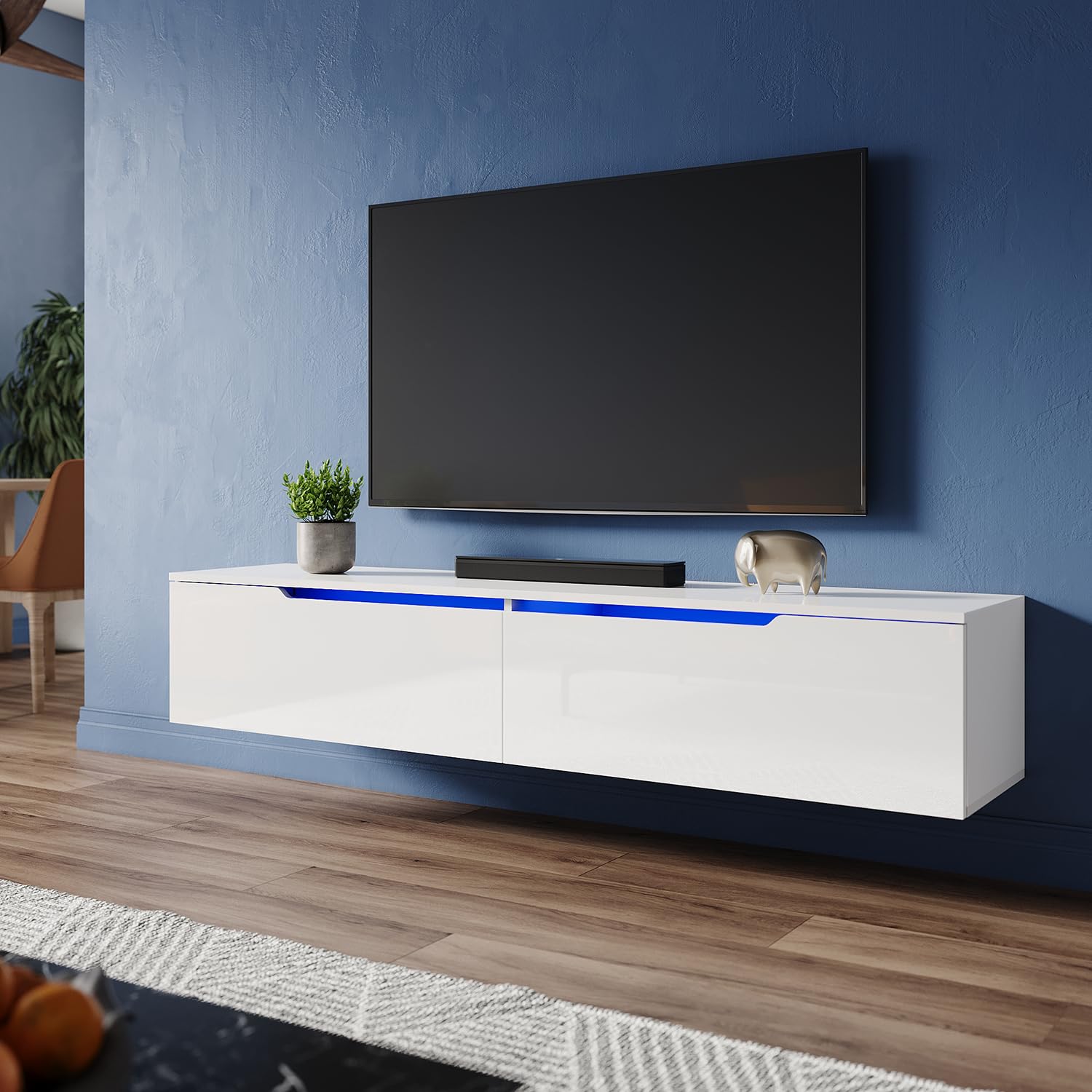 ZANOFIRA Floating TV Unit Stand with RGB LED Lighted, High Gloss TV Stand with 2 Large Pull-Down Door, Modern Wall Mounted TV Cabinet for Living Room, 1600x350x300mm, White — image 1
