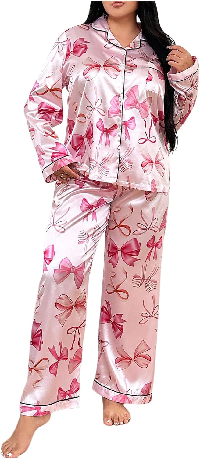WDIRARA Women's 2 Piece Plus Size Bow Print Silk Satin Pajama Sets Button Down Sleepwear Long Sleeve Pjs