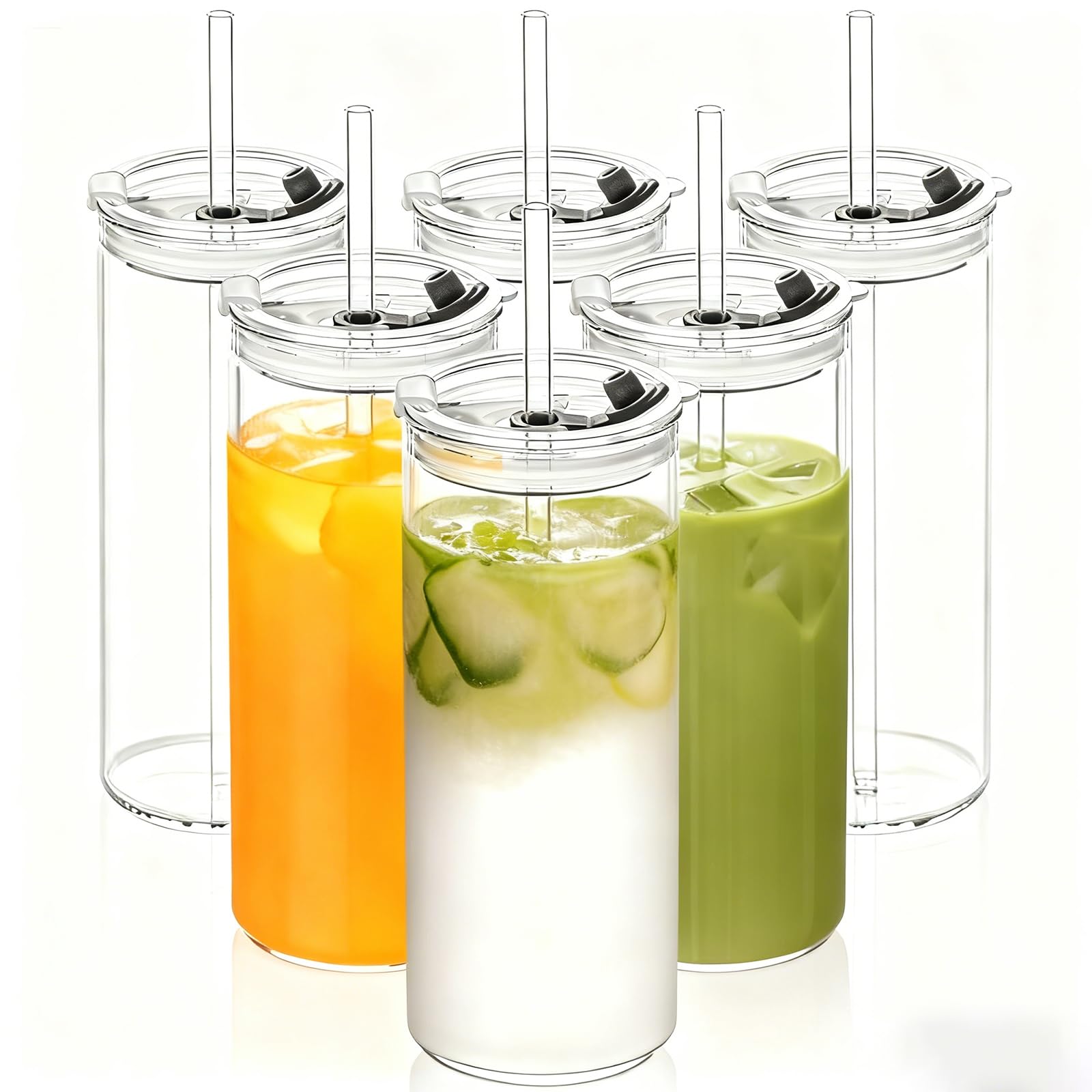 KEMORELA 6 Pack Clear Glass Tumblers with 2-in-1 Leakproof Lids & Straws, 530ml Reusable Iced Coffee Glasses – Smoothie Cups, Bubble Tea & Juice Drinking Glasses, Dishwasher Safe