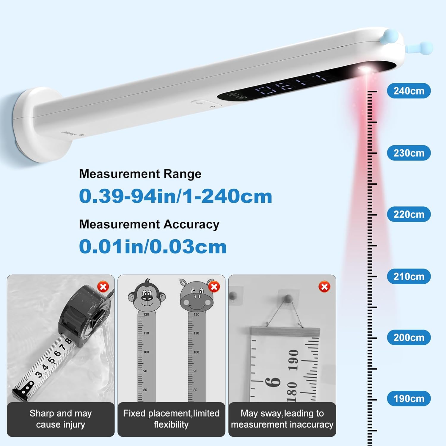 Portable Height Measurement Tool for Kids and Adults with 3-Second Quick Measurement(240cm/94.5in), Handheld Cordless Infrared Height Measurement for Wall with Two Measurement Units(Feet/M)
