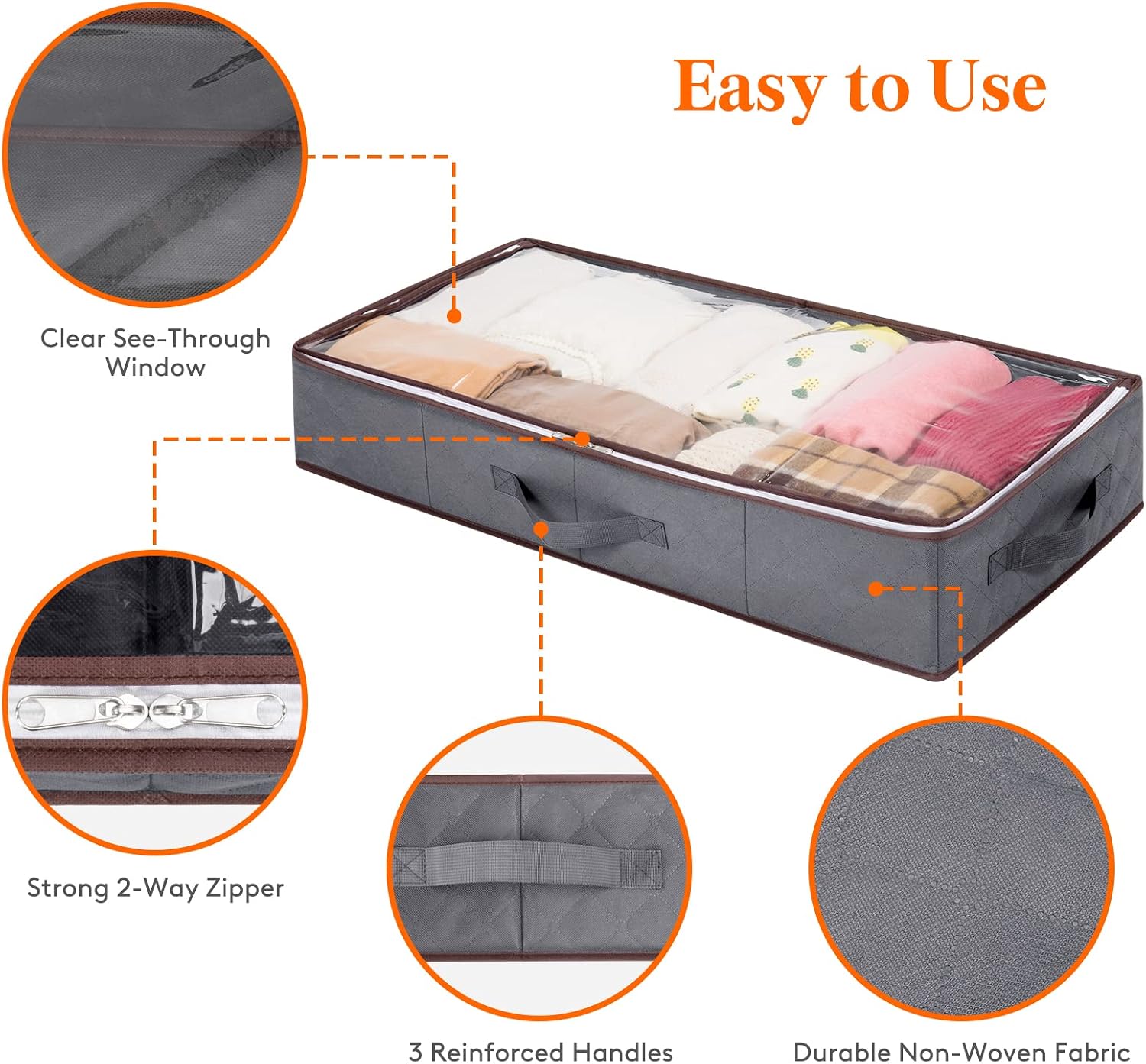 Lifewit Under Bed Storage Containers Clothes Organizers with Durable Fabric, Sturdy Structure, Reinforced Handle, See-Through Window for Clothing, Blankets, Sweaters, Toys, Shoes, Grey, 3 Pack