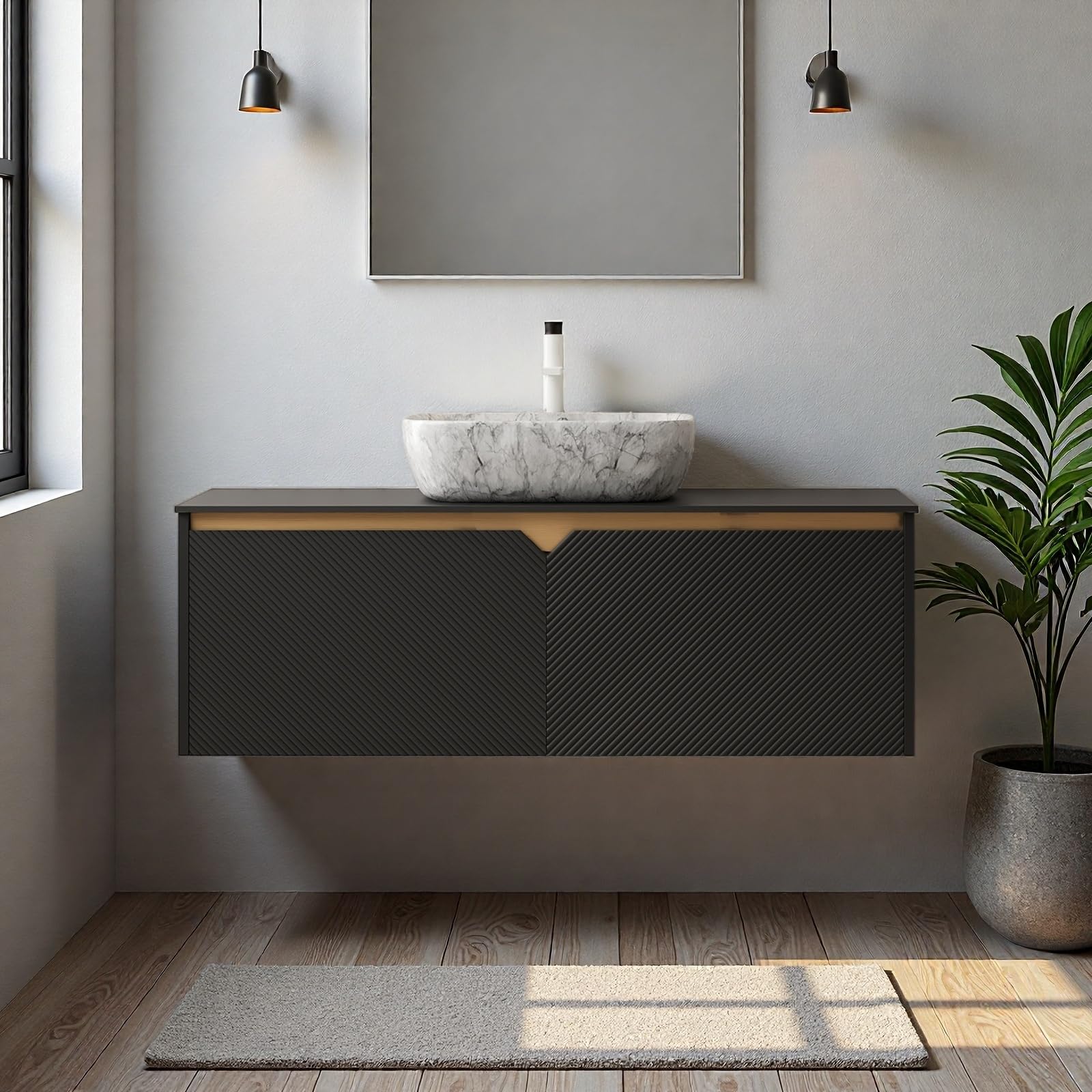 Floating Bathroom Vanity with Sink, 48" Bathroom Storage Cabinet with Sintered Stone Countertop &amp; Marble-Pattern Ceramic Basin, Modern Wall-Mounted Vanity with 2 Twill Pattern Doors, Black