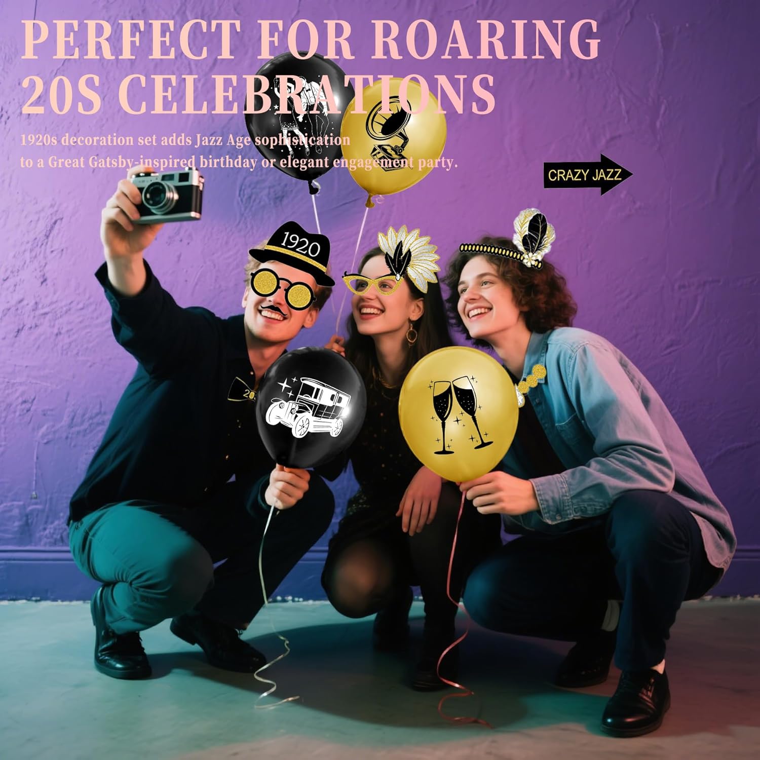 53pcs Roaring 20s Party Decorations - Birthday Balloons Speakeasy Decor, Black and Gold Party Great Gatsby Decorations, Photo Booth Props, Fit for 1920s Birthday Supplies, Gangster Party Decor