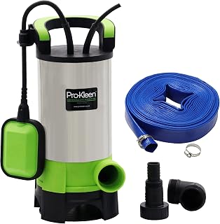 Pro-Kleen Submersible Water Pump 1100W Electric, 18000L/H, 10m Layflat Hose for Clean or Dirty Water with Float Switch, 10M Power Cable - for Floods, Pools, Gardens, Ponds, Hot Tubs