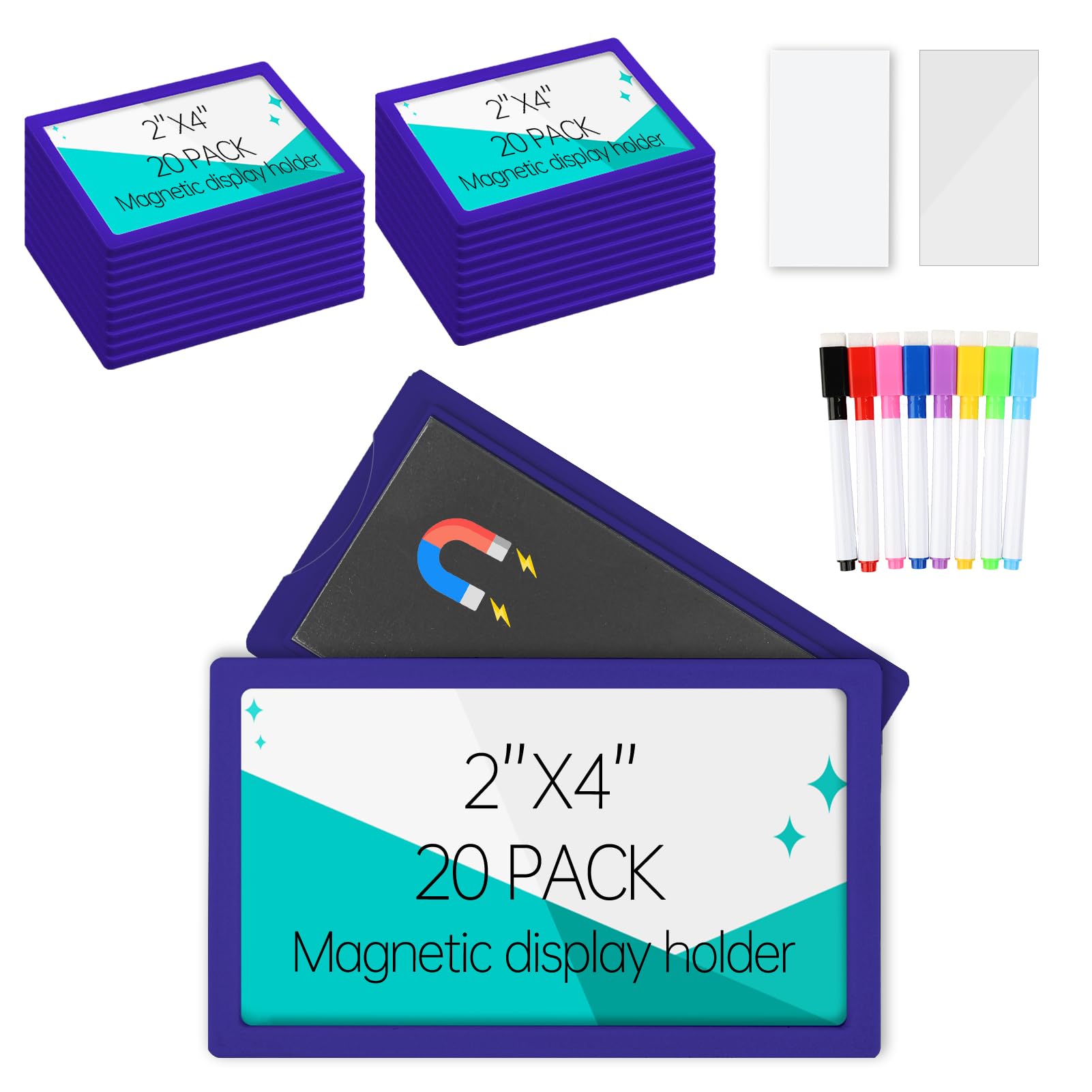 20Pcs Magnetic Plastic Label Holder 2x4 inch for Supermarket Store Price Tag, Metal Shelf File Storage Cabinet Drawer Label Tag Resuable with 8 Color Chalk Makers, 20Pcs White Paper (Blue)