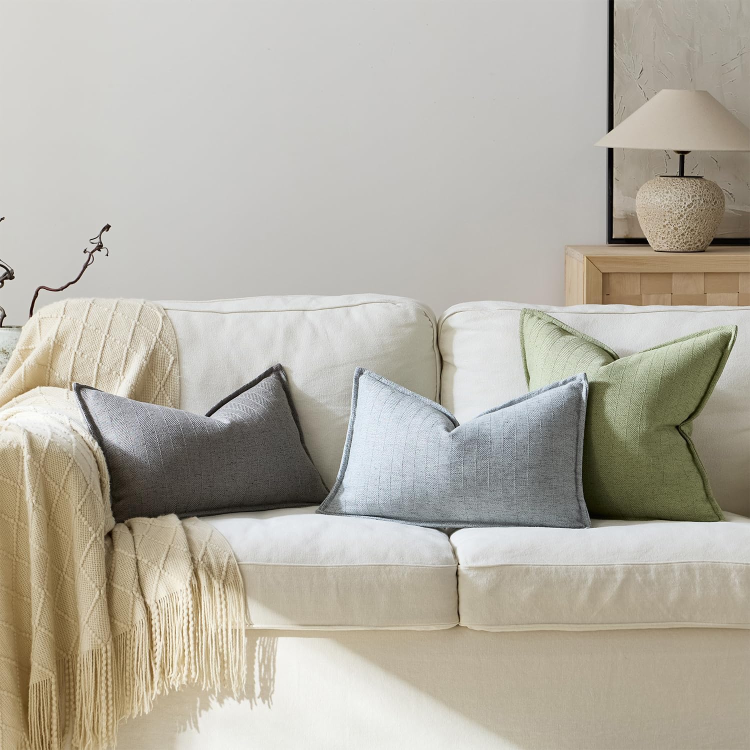 DEZENE 22x22 Linen Pillow Covers Sage Green Pack of 2 Farmhouse Boho Neutral Accents Striped Textured Square Decorative Throw Pillow Cases for Living Room Couch Bed Home Decor