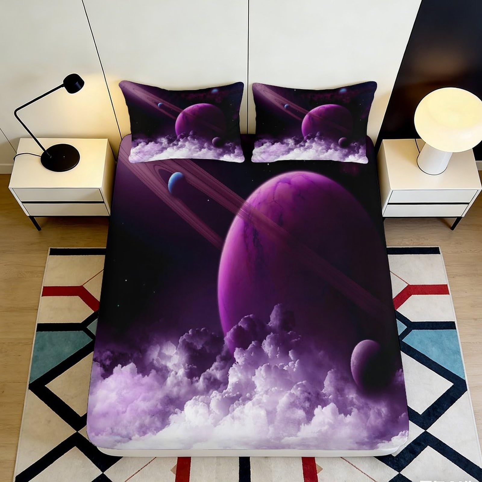 3D Printed Galaxy Starry Sky Fitted Sheet Microfiber Purple Cosmic Nebula Mattress Cover for Bedroom Dorm Decor 90x200x25cm