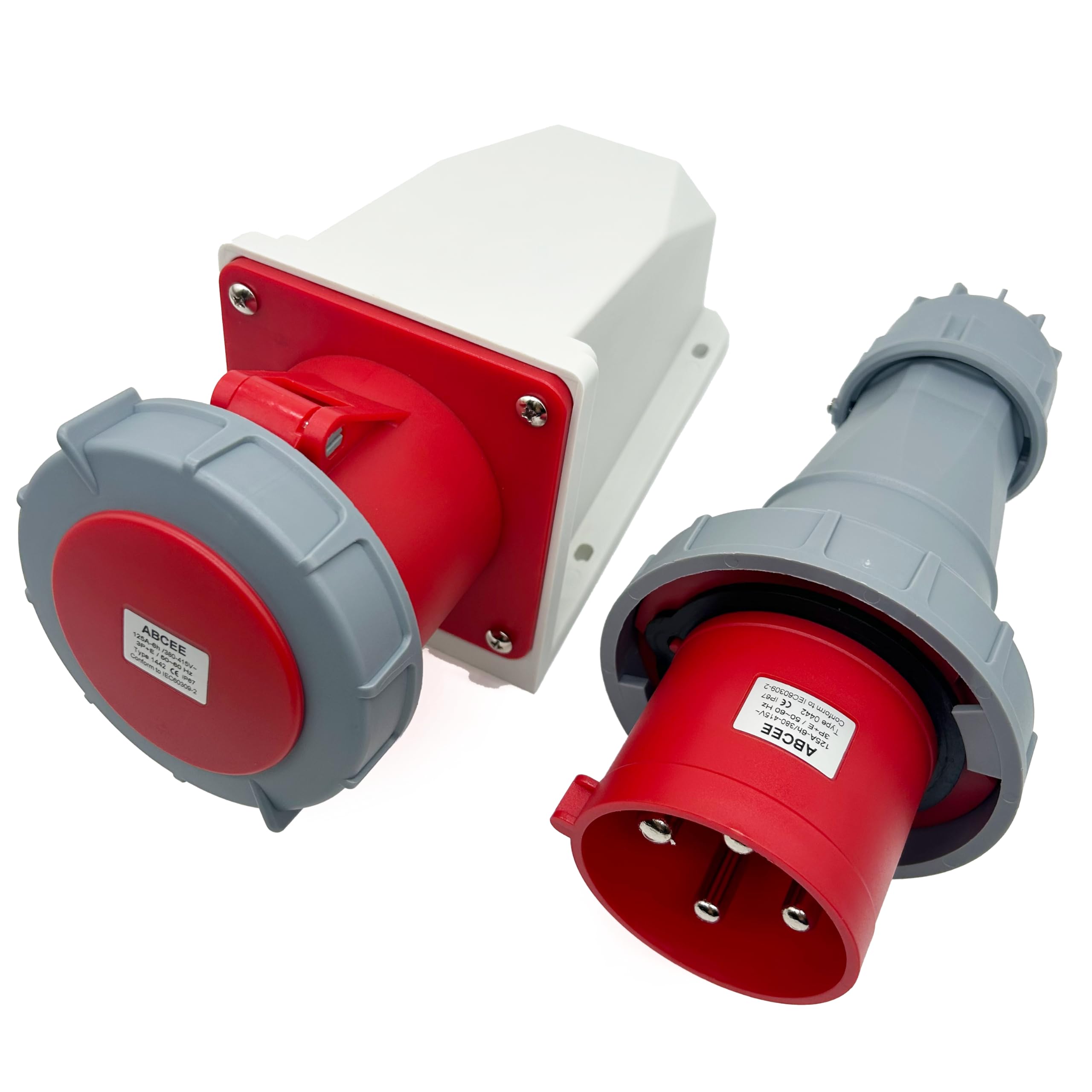Conector de receptáculo de 125 A macho de 4 pines + montaje en superficie, 380 V-415 V 3P+E 6H IEC60309, conector industrial impermeable y enchufe, conector de aviación IP67 de montaje rápido (1 juego