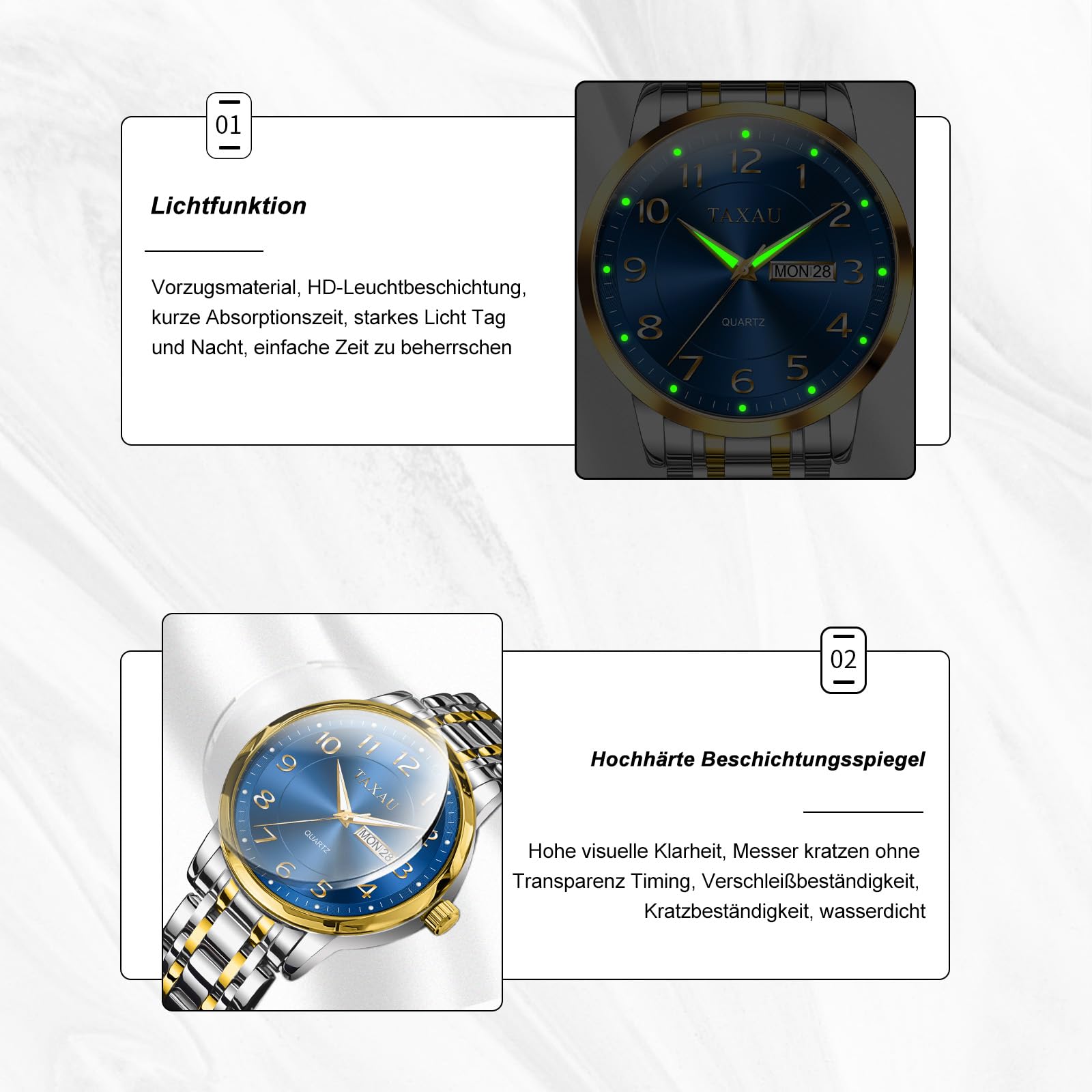 Taxau Klassische Herren Armbanduhr mit Edelstahlarmband, Analoge Quarz Uhr für Herren, 30M Wasserdicht mit Kalender, Elegante Business Uhr für Freizeit und Beruf