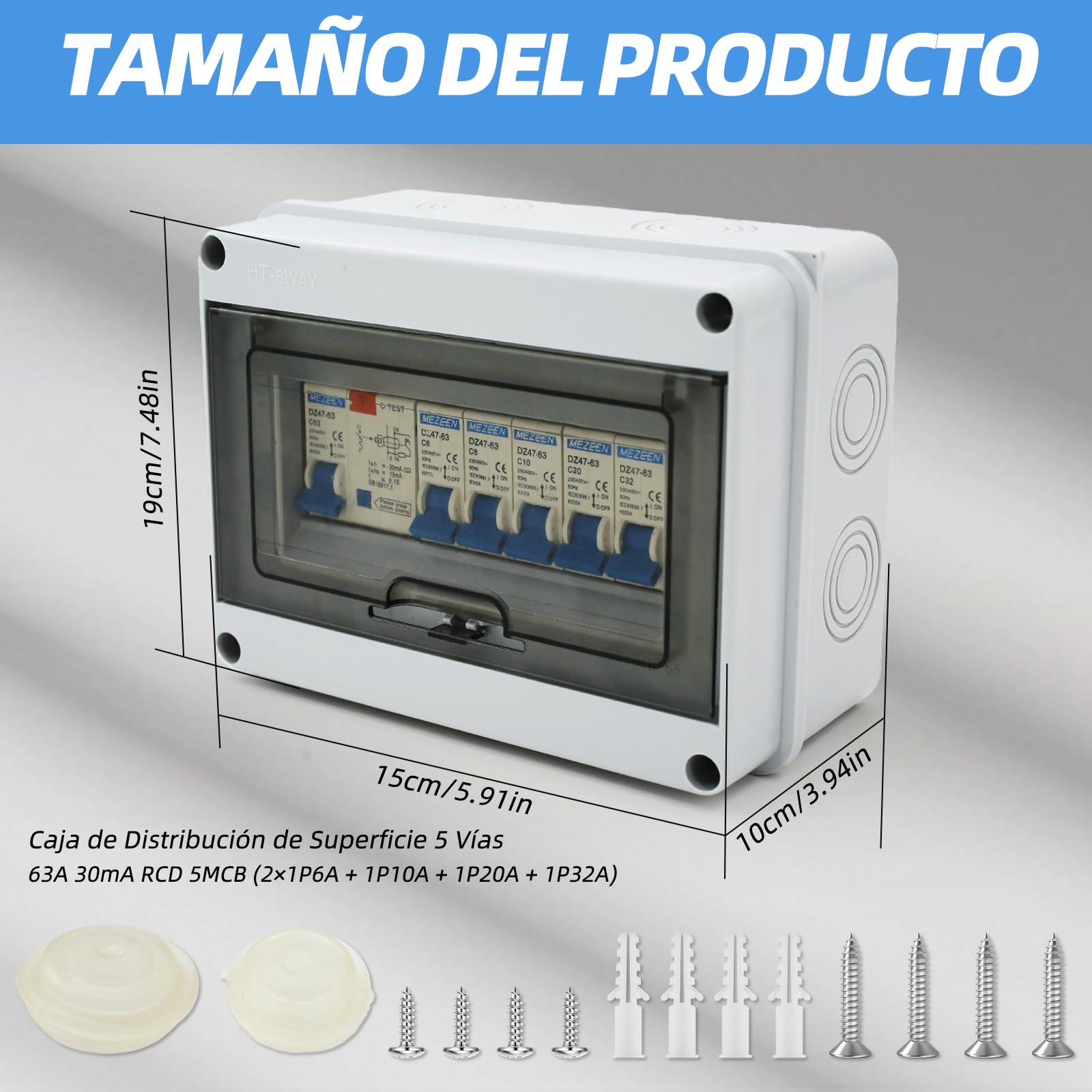 Caja de fusibles de superficie IP65 de 5 vías, 63 A, 30 mA, RCD 5MCB (2 × 1P6 A + 1P10 A + 1P20 A + 1P32 A) para autocaravanas, garajes y talleres (5 vías)