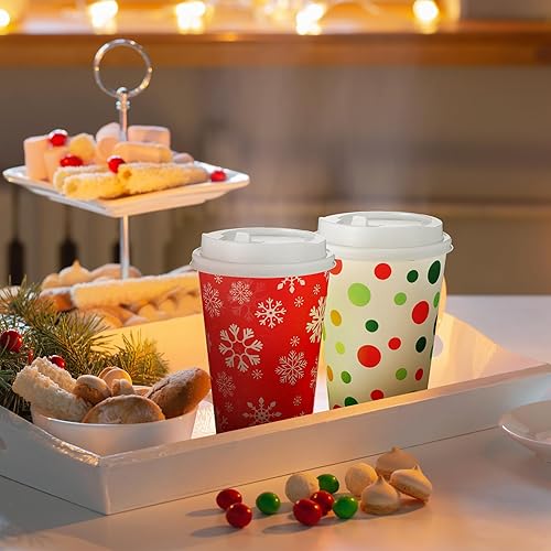 Miniatura 7 de Umigy 120 tazas de café de Navidad con tapas, vasos de papel desechables de 16 onzas para café festivo con tapa para bebidas, tazas de Navidad para