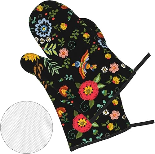Miniatura 2 de Juego de 4 manoplas para horno y agarraderas florales mexicanas, guantes de cocina estilo campestre, antideslizantes, resistentes al calor, guantes