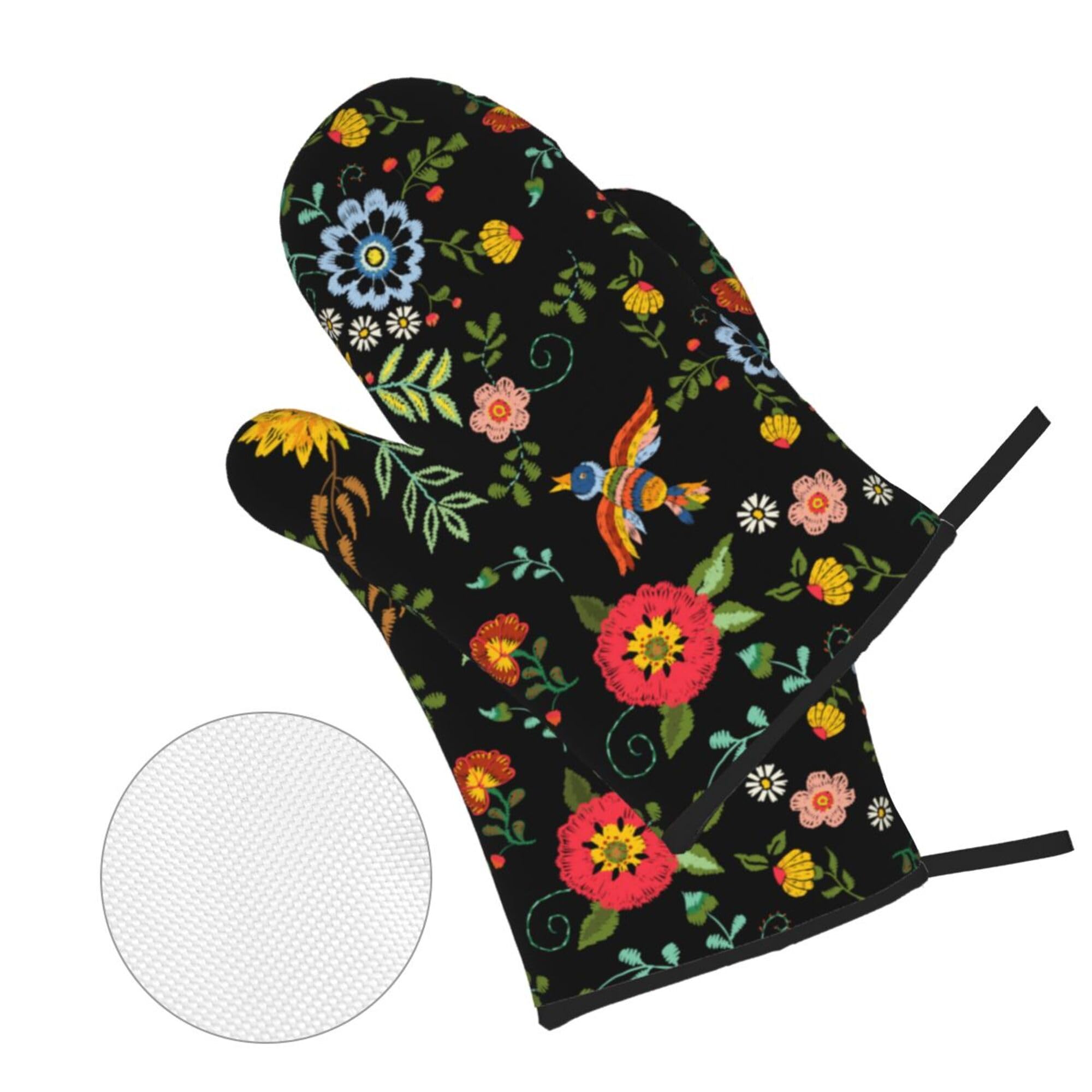 Mexican Floral Oven Mitts and Pot Holders Sets of 4, Country Style Cooking Gloves Non-Slip Heat Resistant Polyester Oven Mitts for Kitchen Baking Grilling BBQ