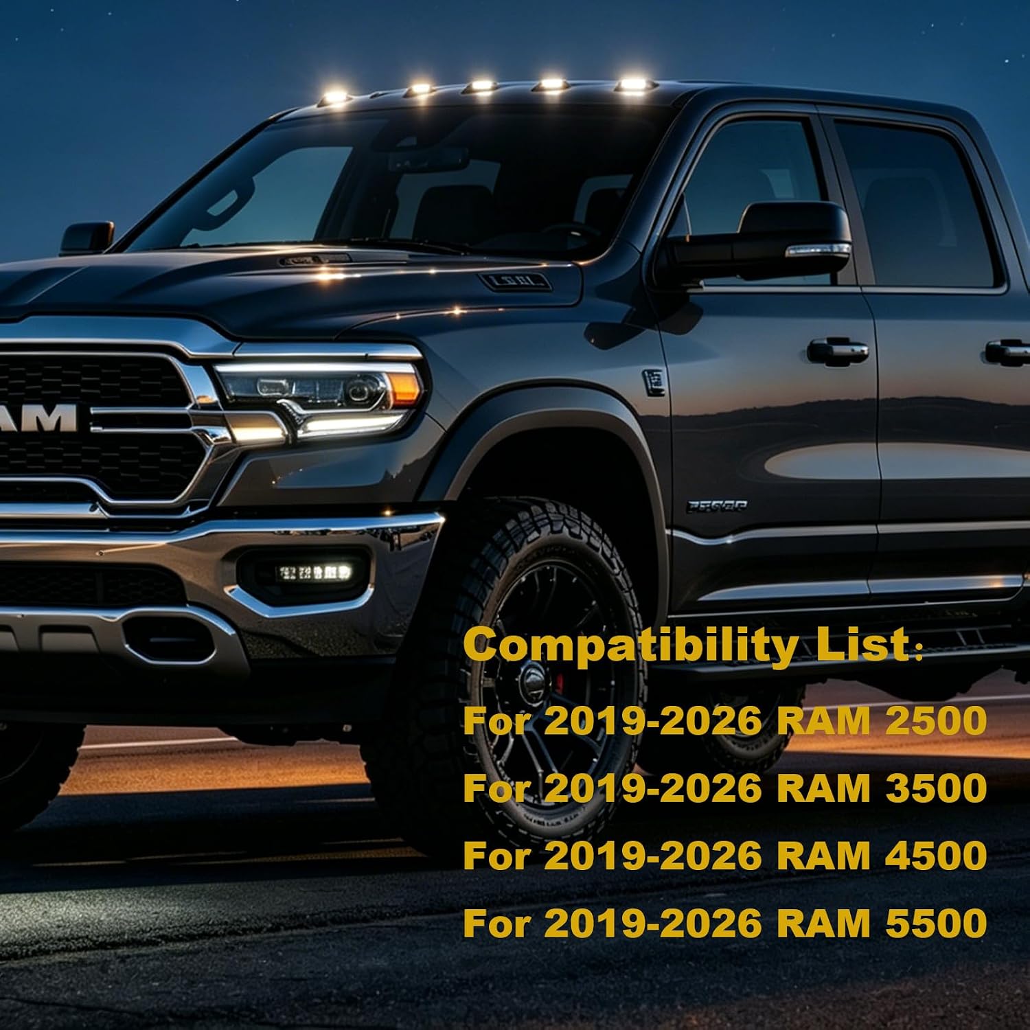 White LED Top Clearance Lights Kit Roof Cab Lamp Compatible with 2019-2026 Dodge RAM 2500 3500 4500 5500 Clear Lens Pickup Truck Roof Marker Lights