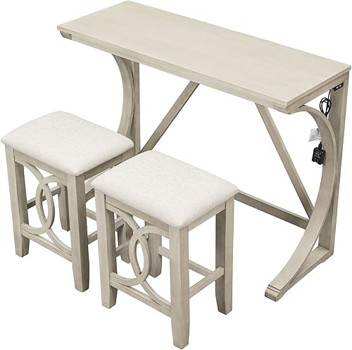 Miniatura 2 de Juego de mesa de comedor con altura de mostrador, 3 piezas, puerto USB integrado y taburetes tapizados, para cocina, restaurantes, muebles de sala