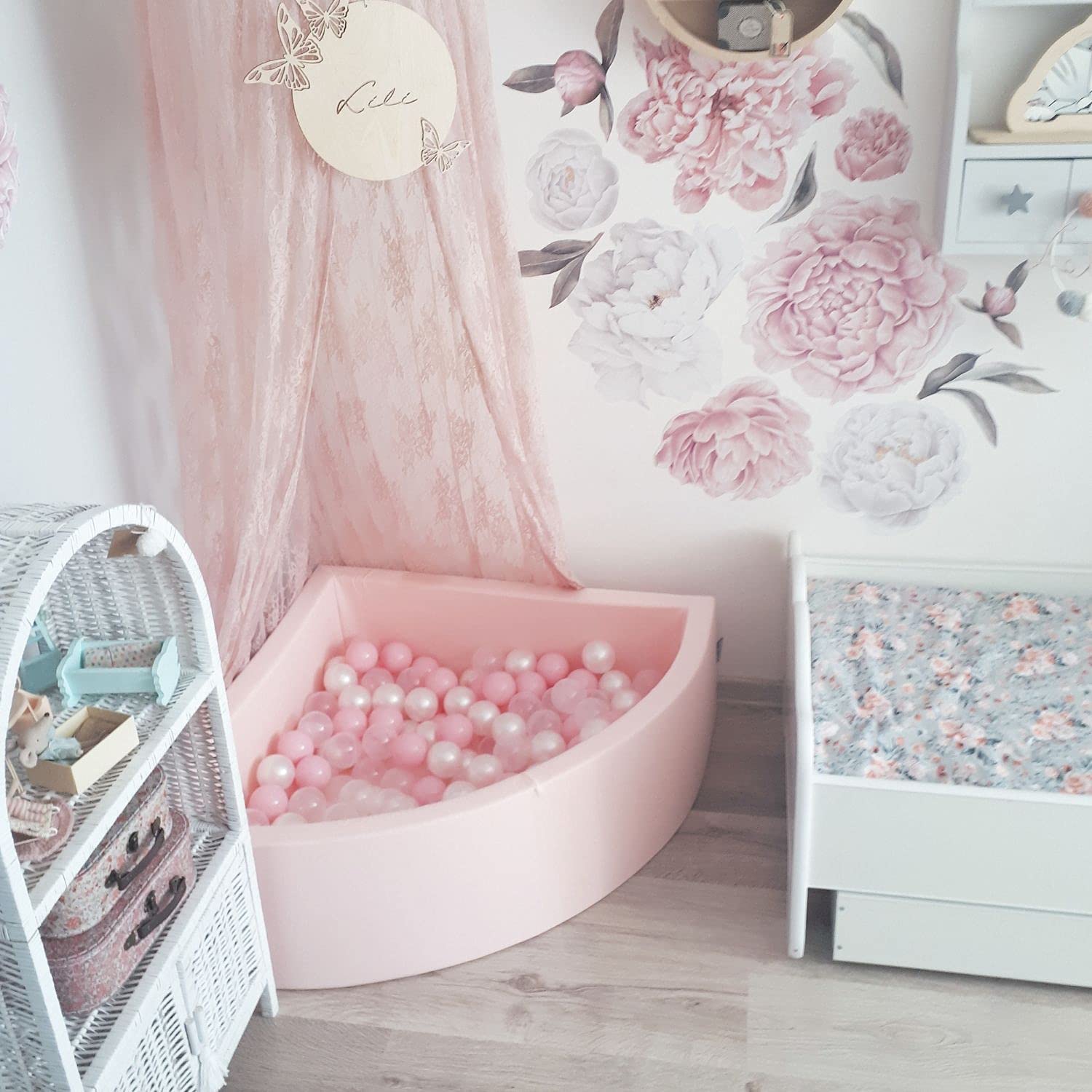 KiddyMoon Bällebad 90X30cm/200 Bälle ∅ 7Cm Bällepool Mit Bunten Bällen Für Mädchen Babys Kinder Rund, Pink:Puderrosa/Perle/Transparent