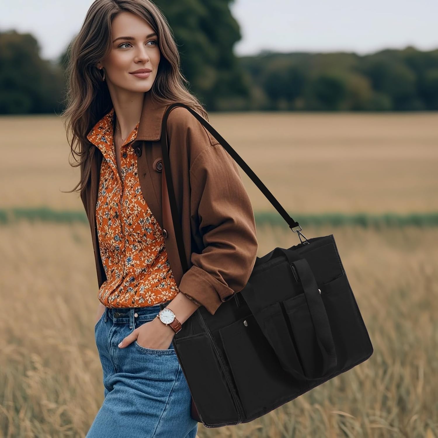 Bagenerous Closeable Tote Bag with 12 Pockets,Thick Bottom Support & Adjustable Strap,Water-Resistant