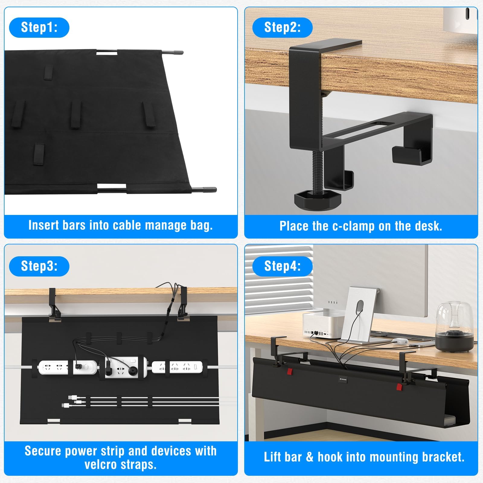 Plateau de Rangement de Câbles 120cm sous Bureau, Gestionnaire de Câbles sans Perçage, Tissu Oxford 600D, pour Bureau et Maison, Noir