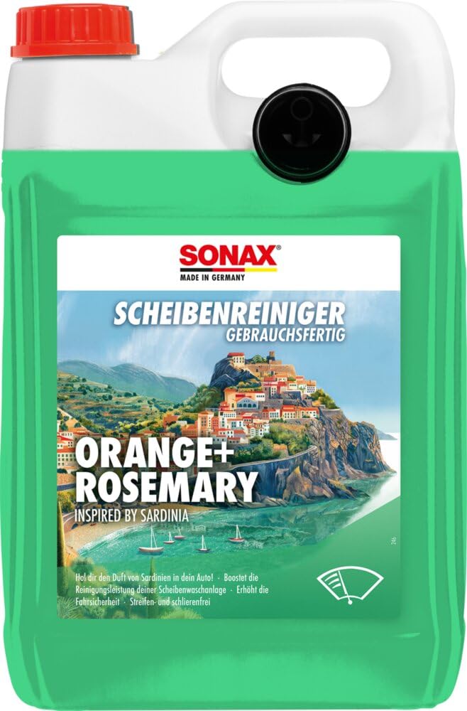 SONAX ScheibenReiniger gebrauchsfertig Orange+Rosemary (5 Liter) gebrauchsfertiger Sommer ScheibenReiniger mit frischem Orangenduft und einem Hauch Rosmarin | Art-No. 01615000