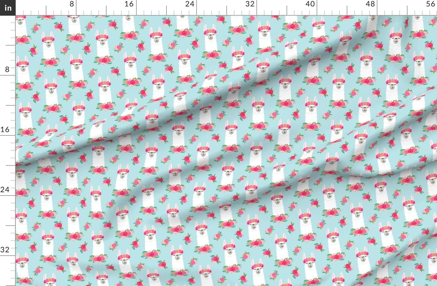 Spoonflower Fabric - Floral Llama Spring Colors Blue Flowers Cute Crown Llamas Pink Girls Printed on Organic Cotton Sateen Fabric by The Yard - Sewing Quilting Apparel Home Decor