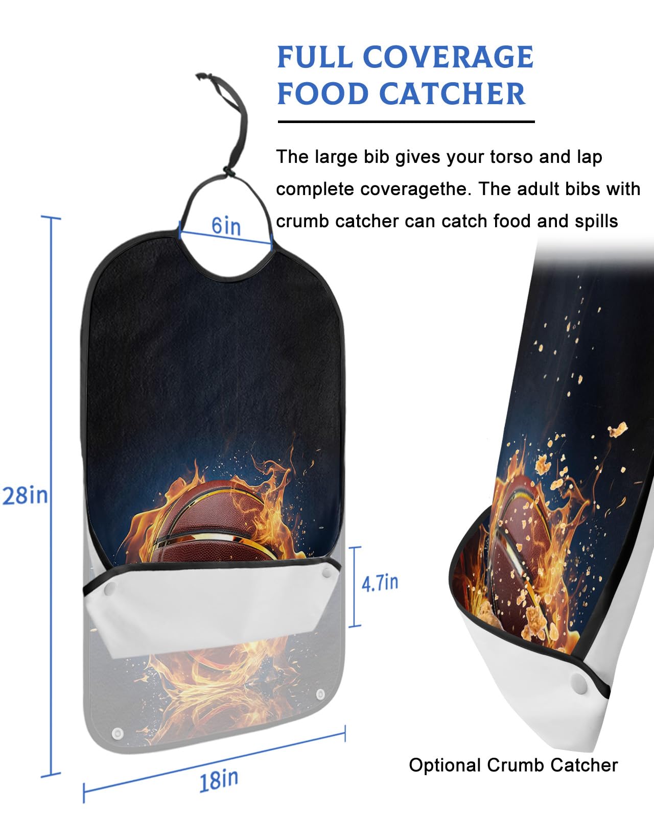 LEOKOTI Basketball Adult Bibs for Eating, Waterproof Bibs with Food Catcher & Adjustable Snap Closure, Flame Basketball Modern Abstract Art Washable Clothing Protectors Adult Bibs for Elderly