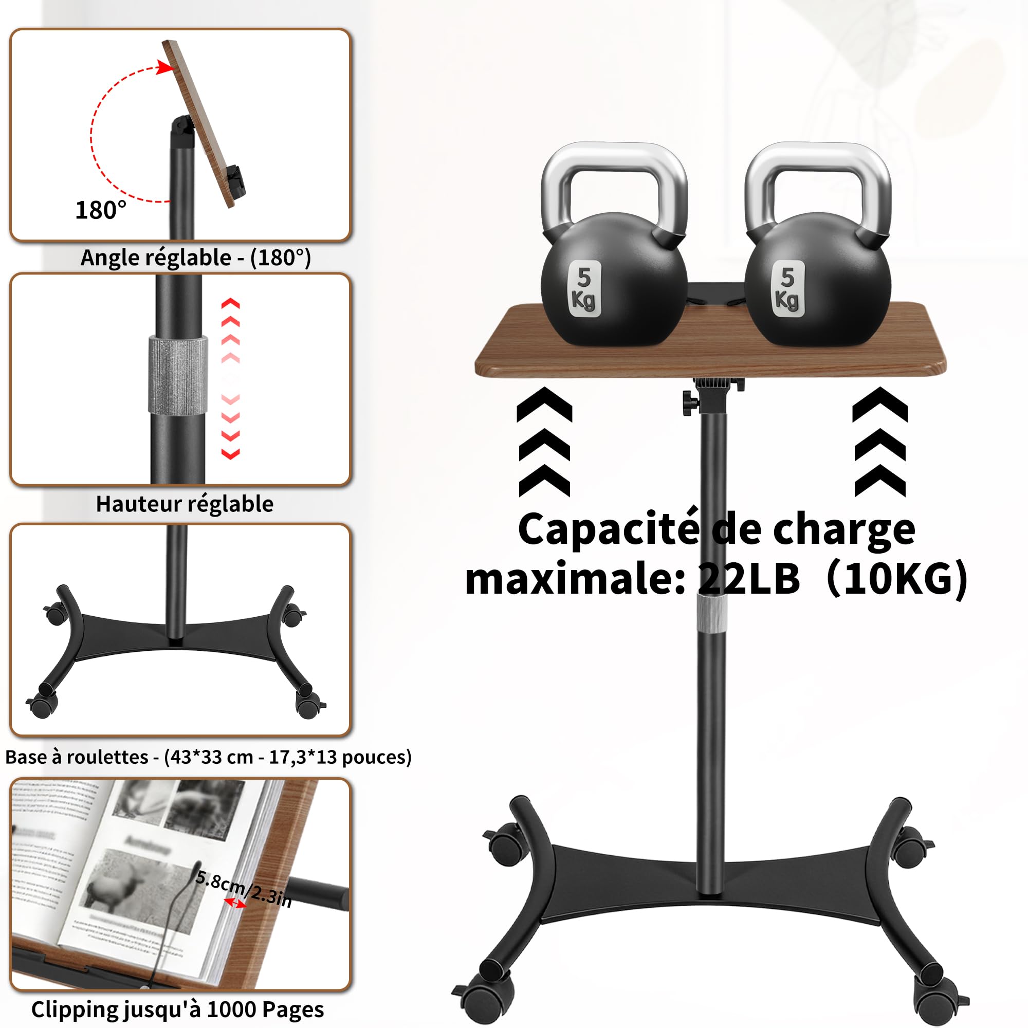 Support de Livre Réglable en Hauteur de 50 à 130CM pour Sol et Bureau, Support de Livre pour Lecture, Ordinateur Portable, Tablette, Recettes, Partitions (Noir)