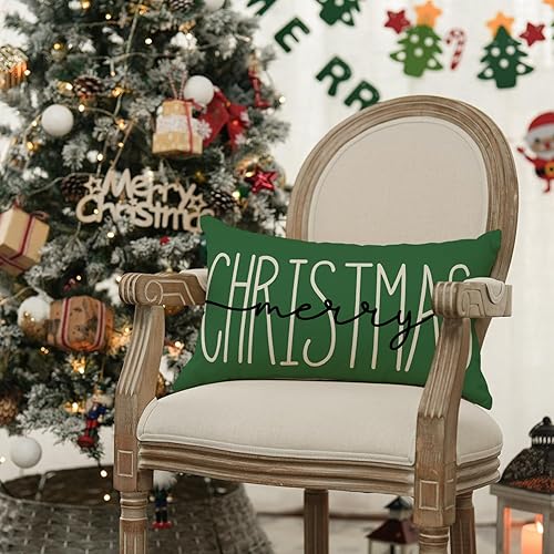 Miniatura 3 de AVOIN colorlife Funda de almohada verde con texto en inglés "Merry Christmas", 12 x 20 pulgadas, decoración para sofá