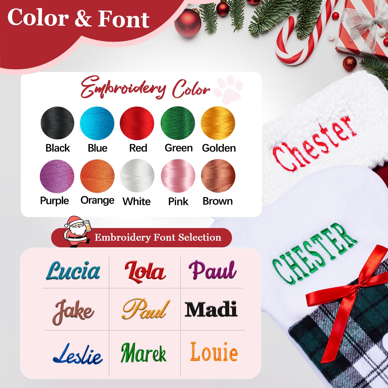 Personalized Christmas Stocking for Dogs Cats, Custom Embroidered Name Pet Paw or Large Bone Shape Christmas Stockings ,Xmas Decorations Fireplace Hanging Stockings Family Holiday Dog Cat ?1 pcs?