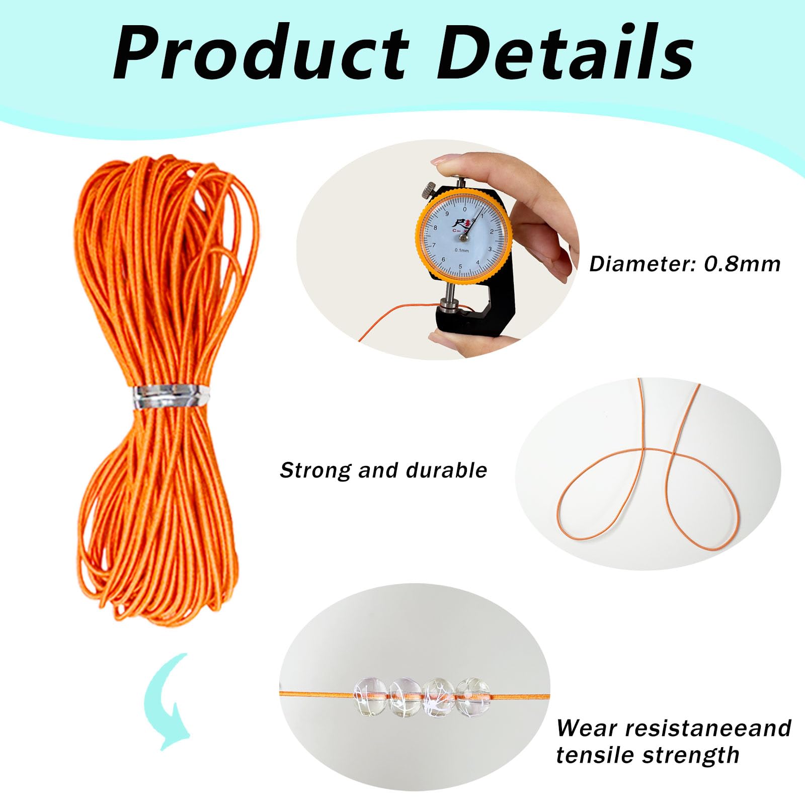 Elastische Kordel 0,8 mm – 4-adrige Stretchschnur für Armbandherstellung, 20 Farben, 180 m, DIY-Schmuckschnur – dehnbare Perlenschnur für Halsketten, Nähen, Basteln und Haarbänder (0,8 mm)