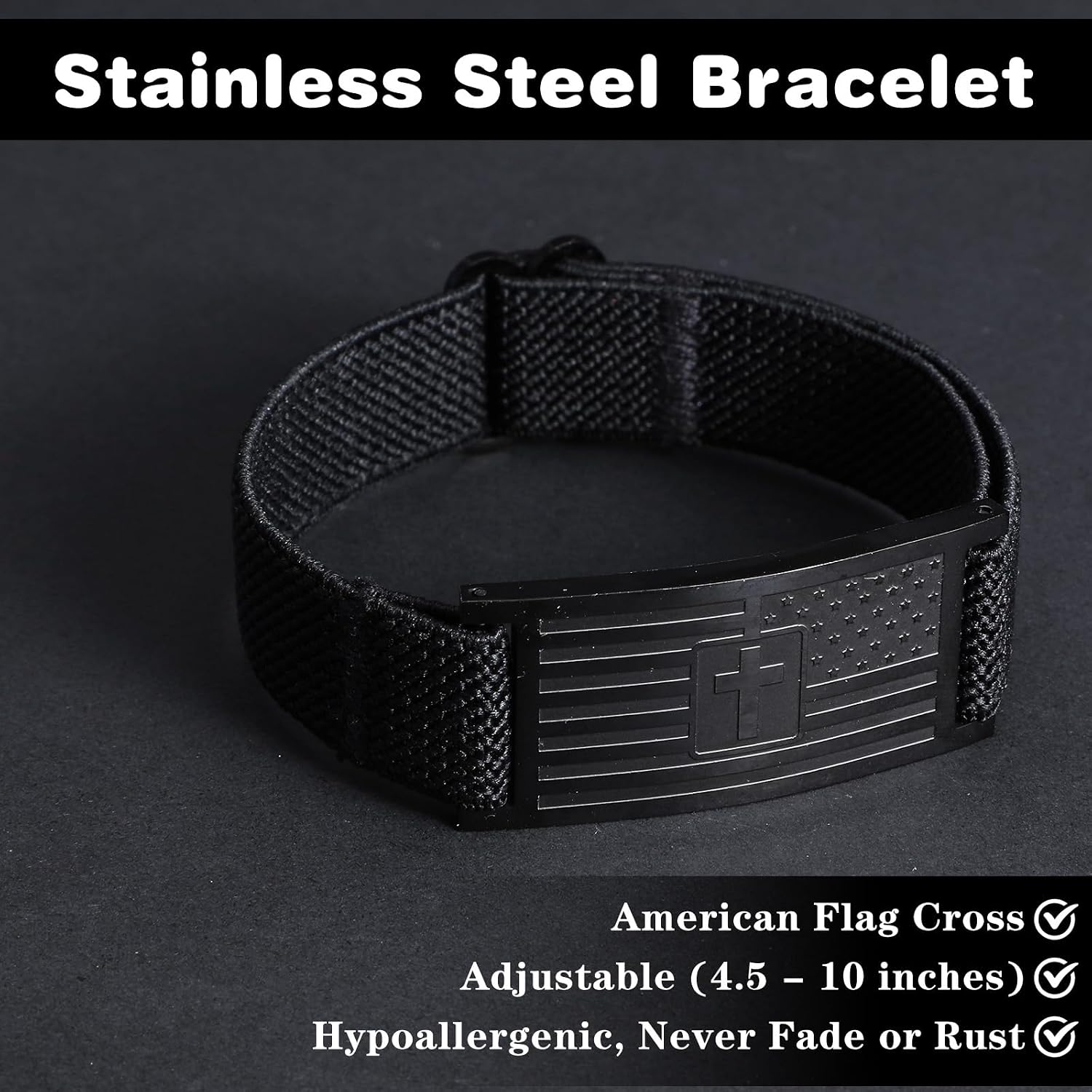 Gifts for Son from Mom Dad - Christian Cross Bracelets for Men Boys, Joshua 1:9 Bible Verse Engraved Stainless Steel American Flag Patriotic Elastic Stretch Wristband Religious Jewelry