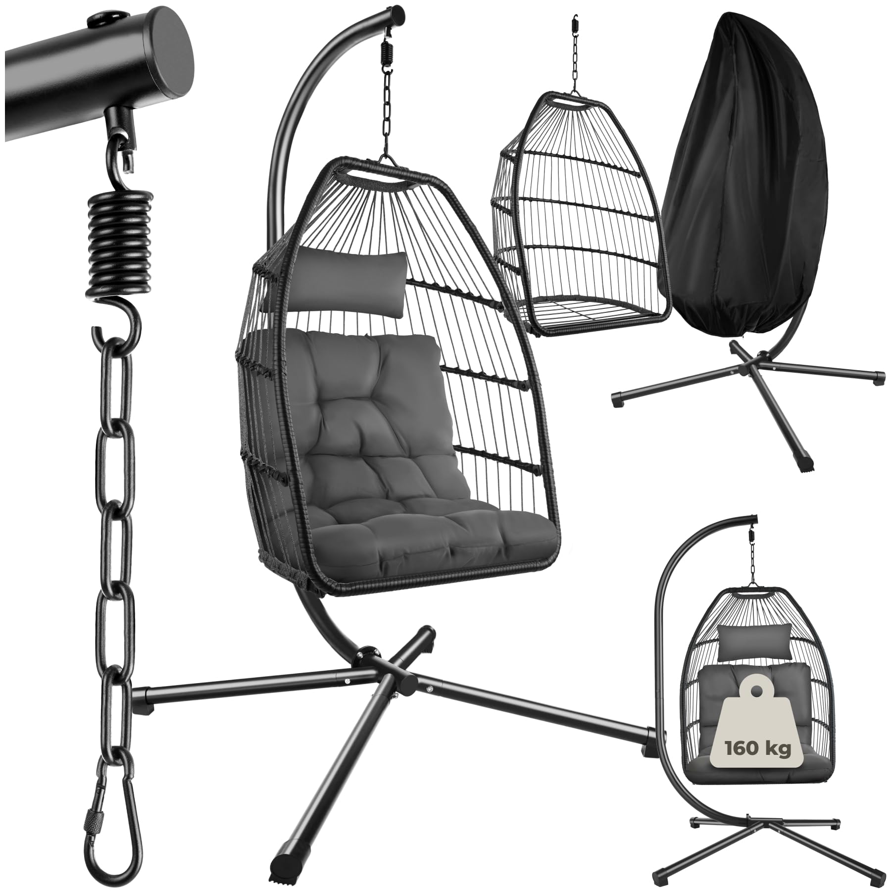 tectake® Columpio Jardín Exterior, Silla Colgante con Cojín Extragrueso, Sillón Balancín con Estructura de Acero y 4 Pies en Base, Hamaca Colgante Interior/Exterior, Plegable, Capacidad 160Kg - Gris