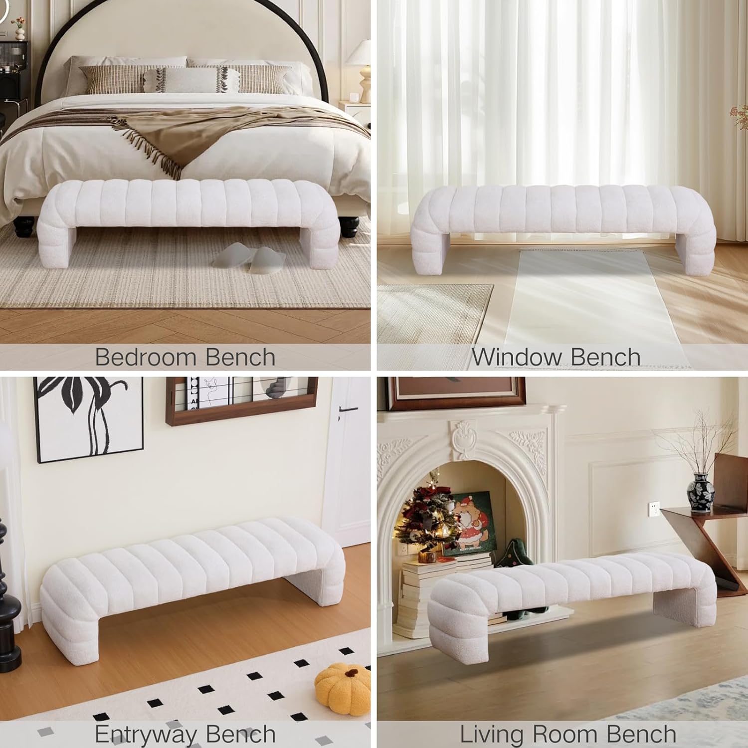 Chifee & Vingol 69.7" W Modern Living Room Bench Upholstered Bedroom Benches End of Bed Bench for Entryway, Dining Room and Living Room,Ivory