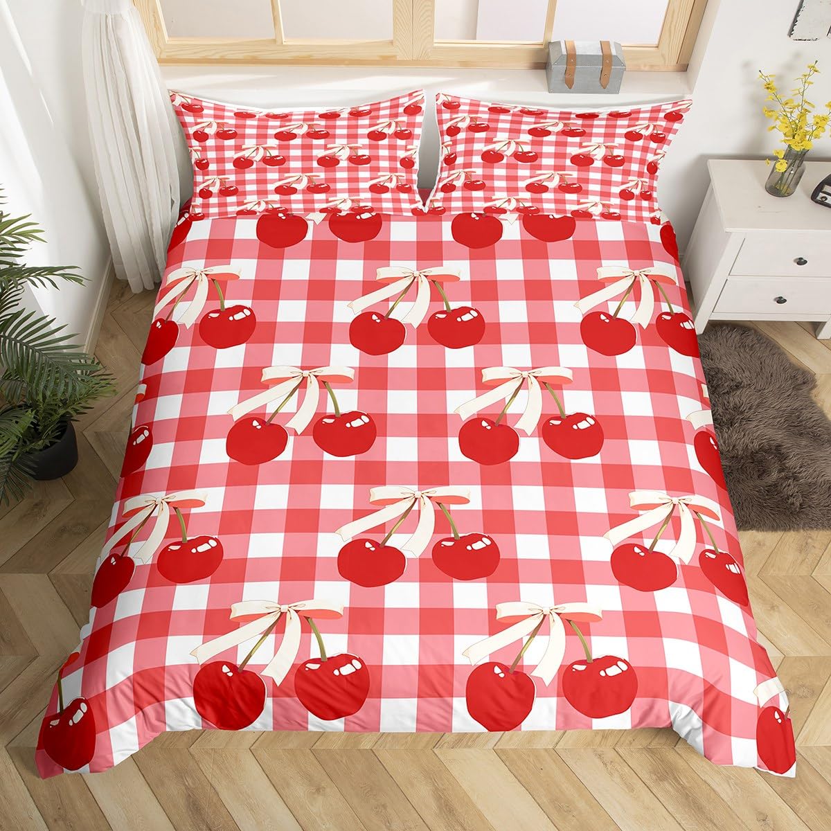 Manfei Bow Cherry Duvet Cover Set Super King, Cute Fruits Print Bedding Set 3pcs, Red Plaid Print Comforter Cover, Kids Girls Teens Room Decor, Soft Polyester Quilt Cover, 2 Pillowcases, No Comforter — image 1