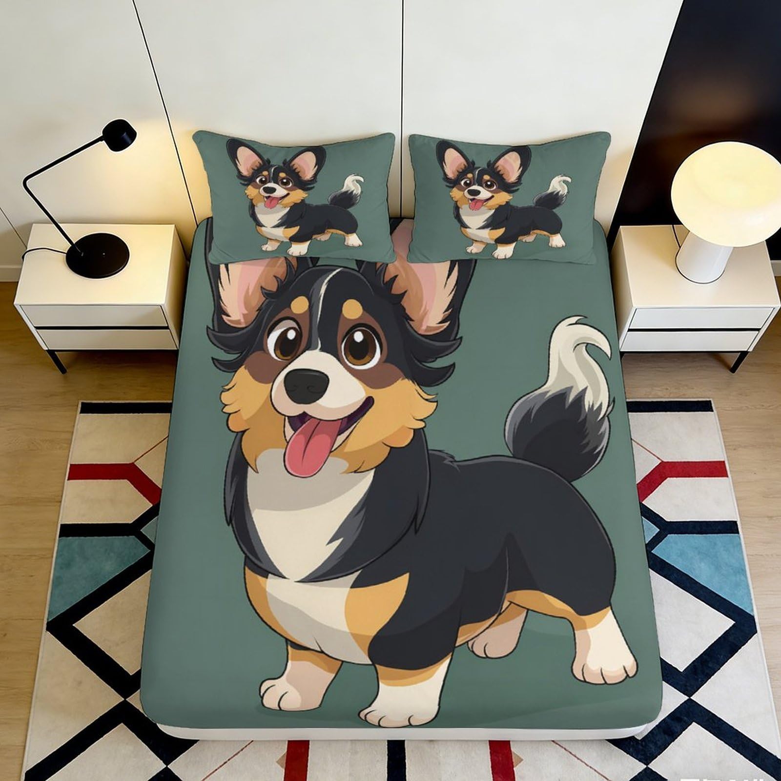 3D Printed Cartoon Corgi Fitted Sheet Microfiber Soft Non-slip Dog Bed Cover for Bedroom Guest Room Decor Easy Care 90x200x25cm