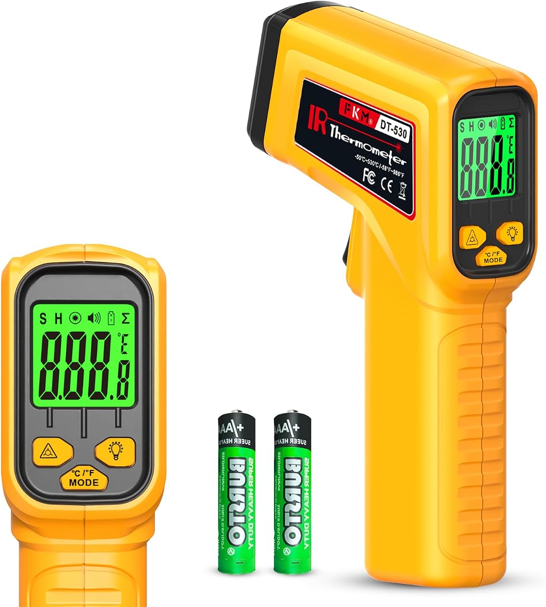 Pistola de termómetro infrarrojo Pistola de temperatura láser sin contacto -58 °F ~ 986 °F | (-50 °C ~ 530 °C) Emisividad ajustable, pistola termómetro digital para cocinar, horno, plancha, automoción, HVAC, industrial, no para humanos