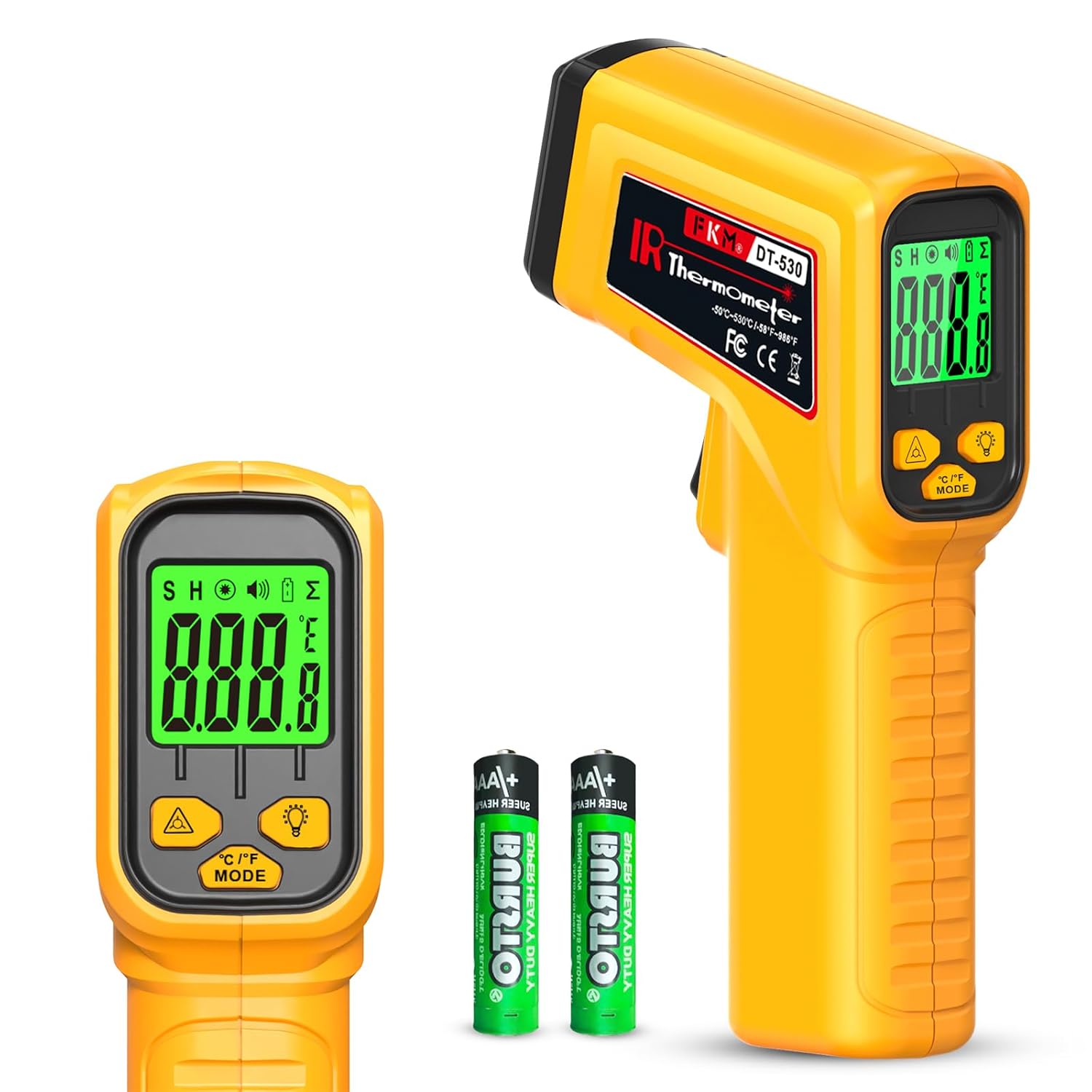 FKM Infrared Thermometer Gun Non-Contact Laser Temperature Gun,-58°F~986°F | (-50°C~530°C) AdjustableEmissivity,Digital Thermometer Gun for Cooking,Oven,Griddle,Automotive,HVAC,Industrial,Not for Human