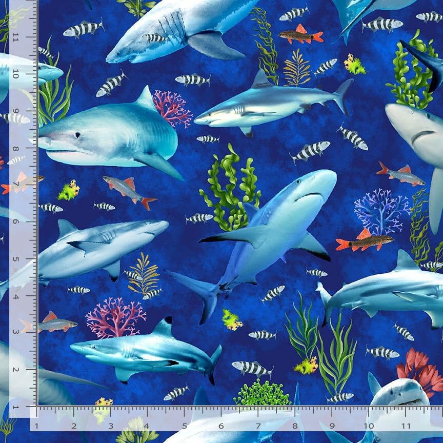 Quality Sewing Fabric – Reef Shark Fabric By the Yard Size: 36" x 44" inches Ocean Fish Sharks Cotton