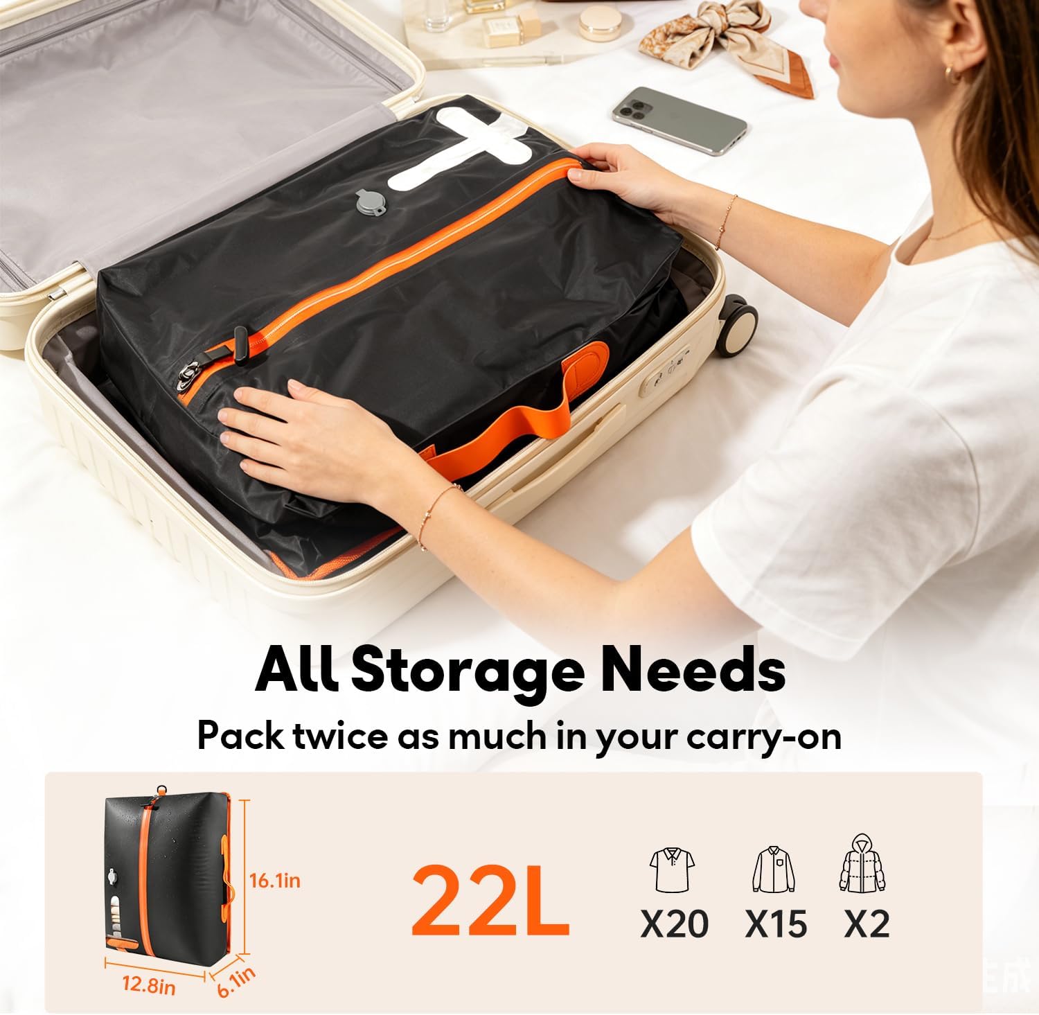 Travel Vacuum Bags with Shoulder Strap – IP67 Waterproof Vacuum Seal Reusable 22L Carry-On Compression Bags for Clothes, Suitcase & Luggage(1-Pack,Black)