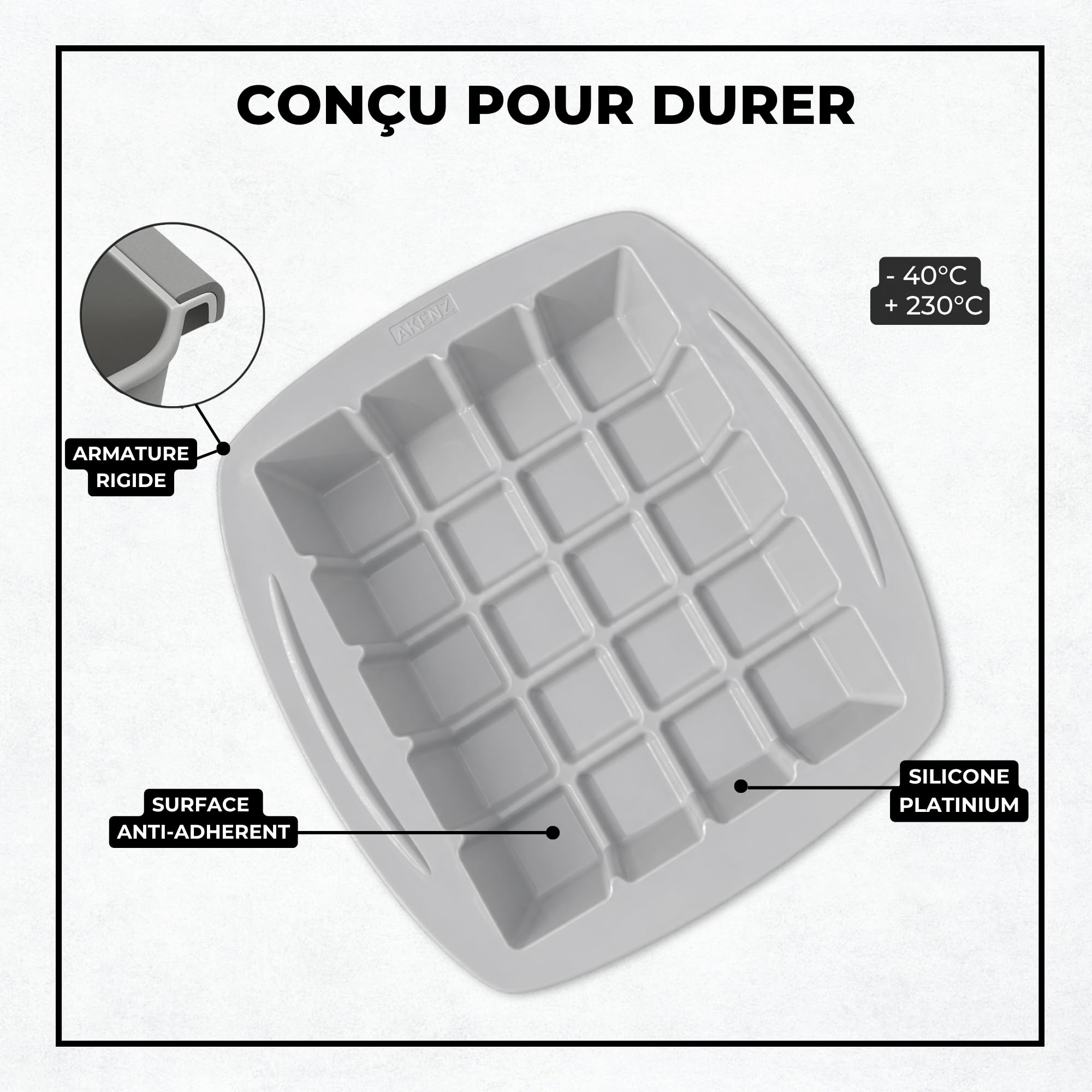 AKENZ - Molde de silicona para tableta de chocolate XXL – Cubo cuadrado pastel y pastel | Silicona platinium LFGB sin BPA, antiadherente, compatible con Cake Factory Infinity XXL + eBOOK incluido