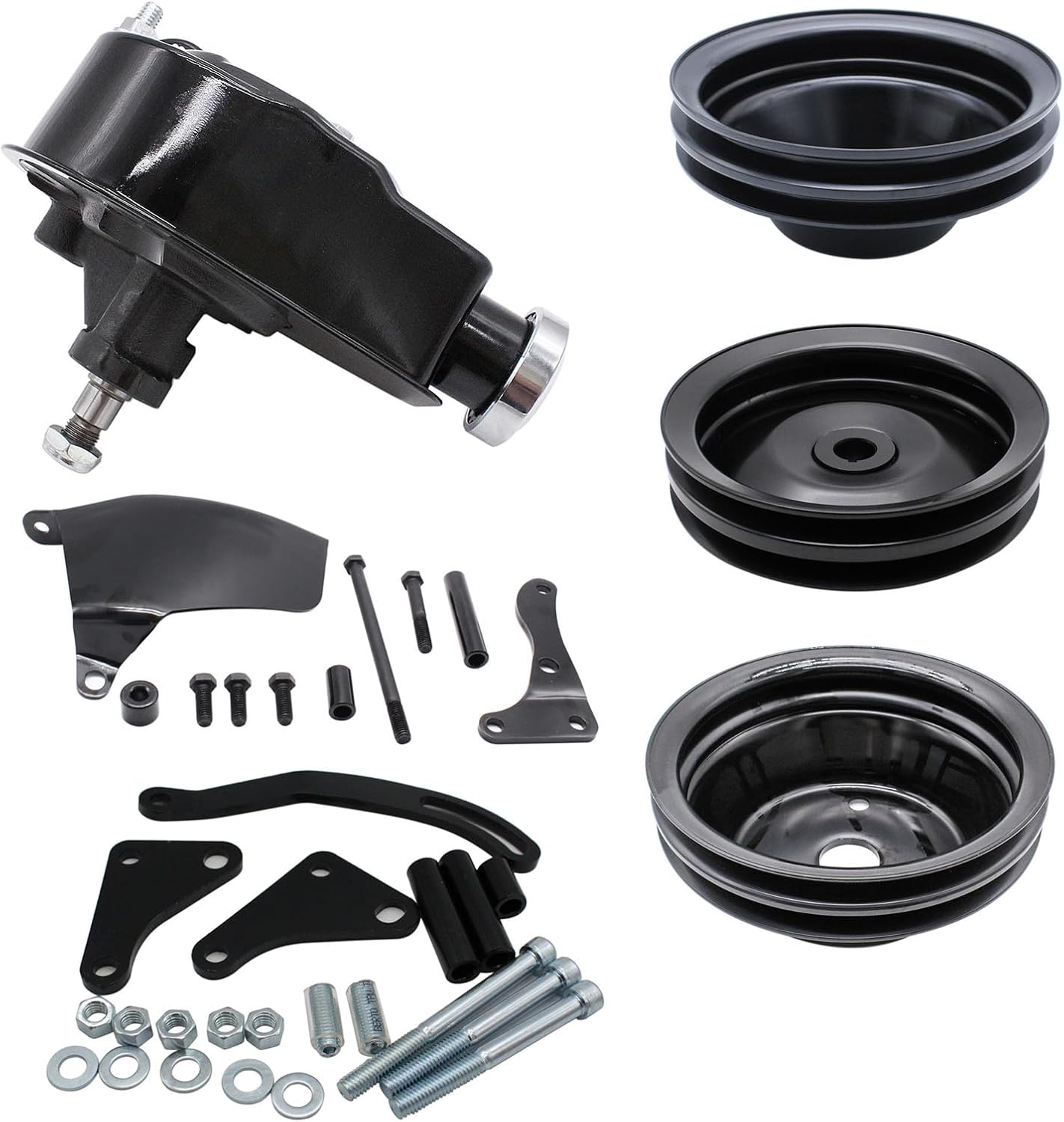 Power Steering Pump with 2 Groove V-Belt Water Pump and Crankshaft Pulley with Bracket Kit Compatible with SBC Chevy 265 283 305 327 350 383 400 with Long Water Pump