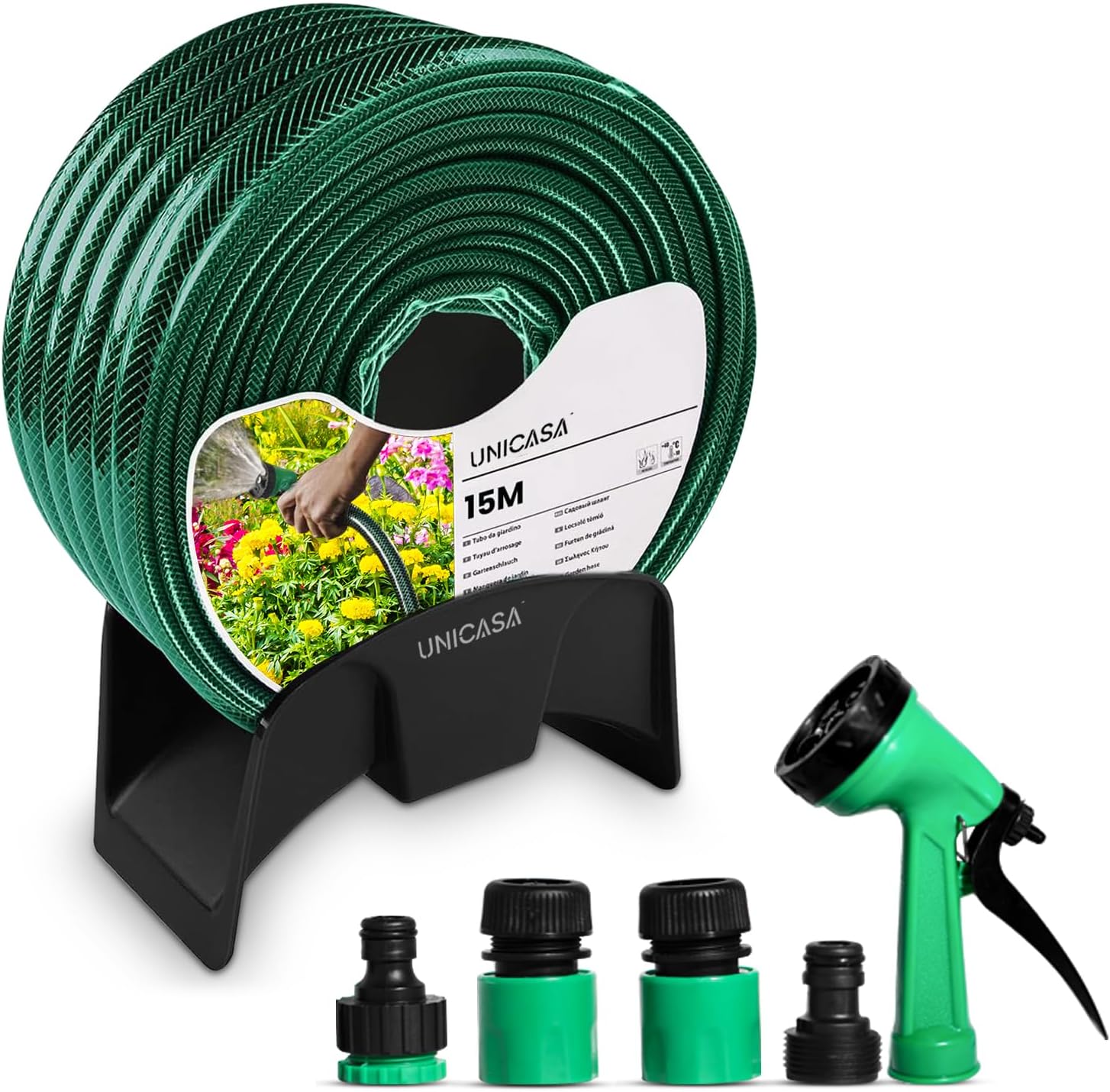 UNICASA™ 15-Meter Expandable Garden Hose Set with Thread Connectors and Sprayer - Lightweight and Durable, No-Kink with High-Performance Connectors, Lead-Free, Drinking Water Safe