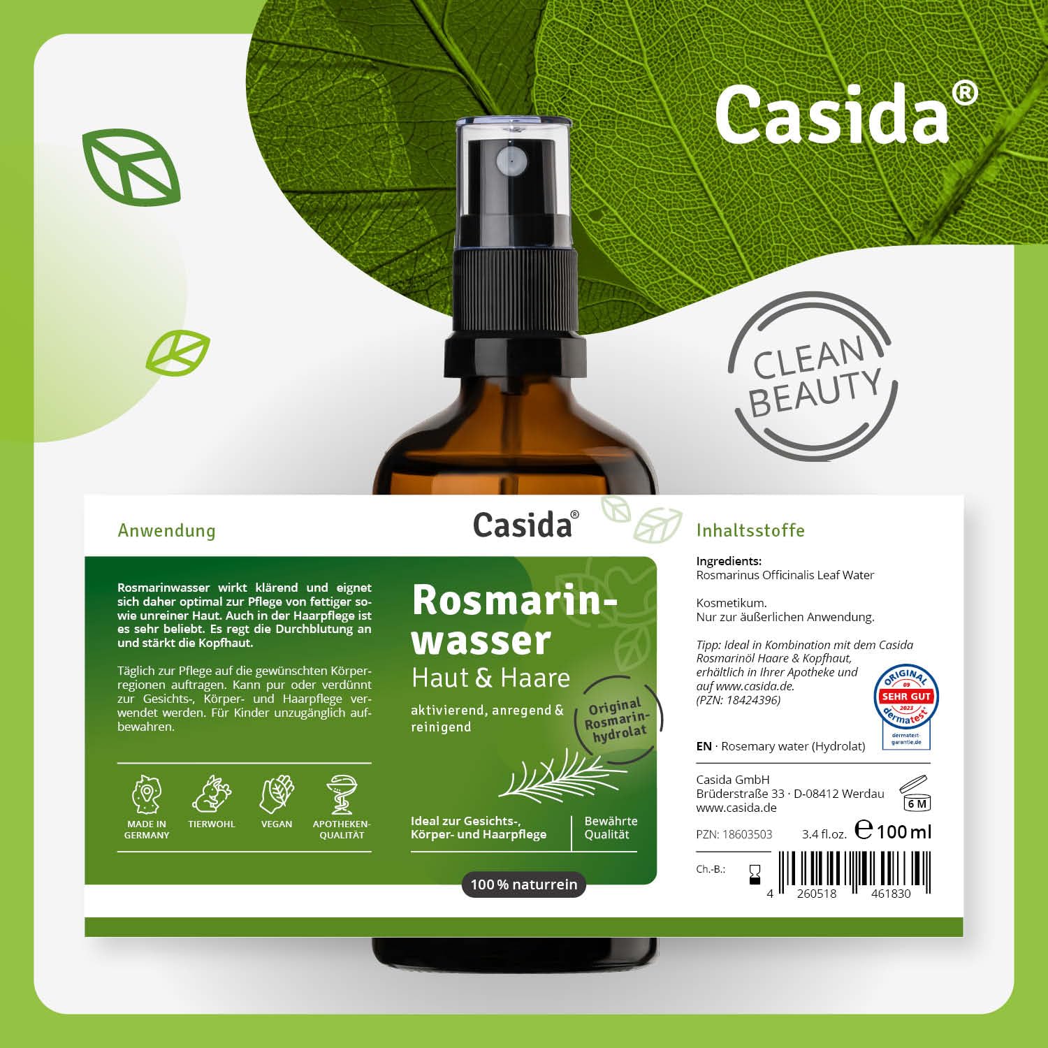 Casida® Woda Rozmarynowa do Skóry i Włosów - Hydrolat Rozmarynowy - rewitalizująca woda nawilżająca do pielęgnacji skóry i włosów - składający się w 100% z naturalnych olejków - jakość apteczna - 100 ml