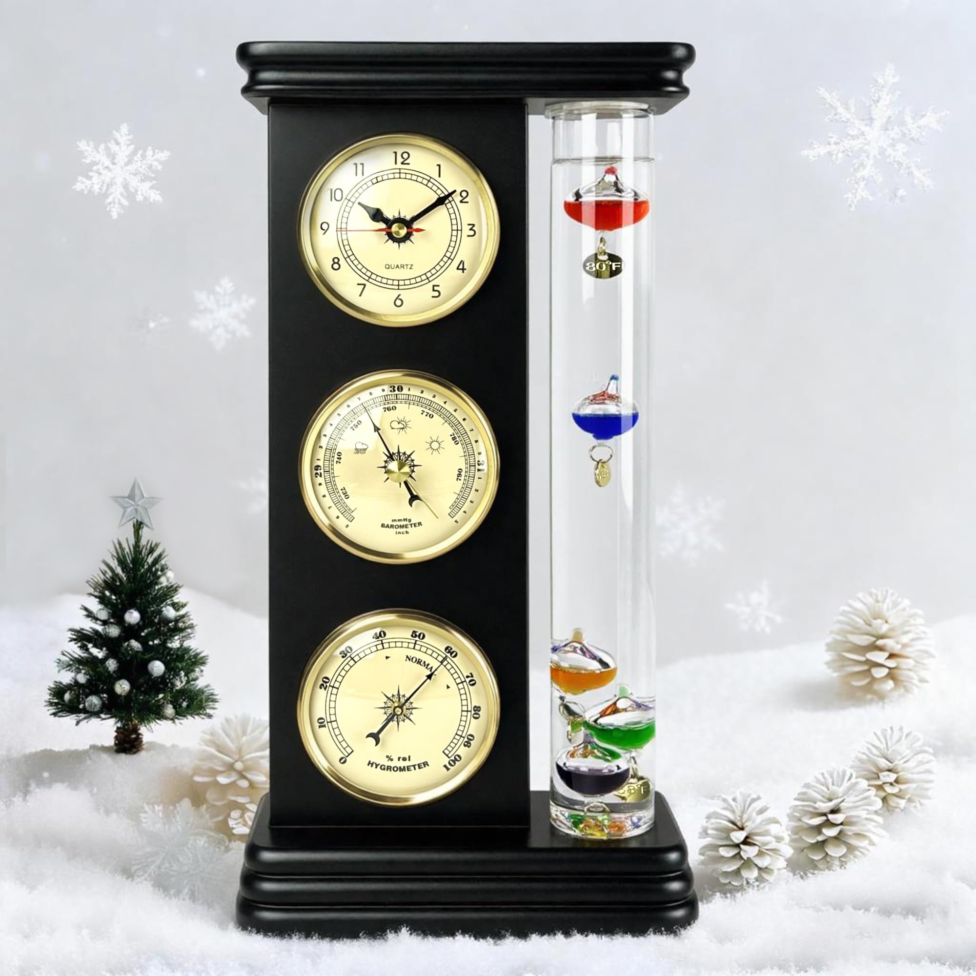 Lily's Home Analoge Wetterstation mit Galileo-Thermometer, Präzisions-Quarzuhr und analogem Barometer und Hygrometer, 5 mehrfarbige Kugeln (L x B x H): 15,2 x 5,1 x 30,5 cm, Mattschwarz