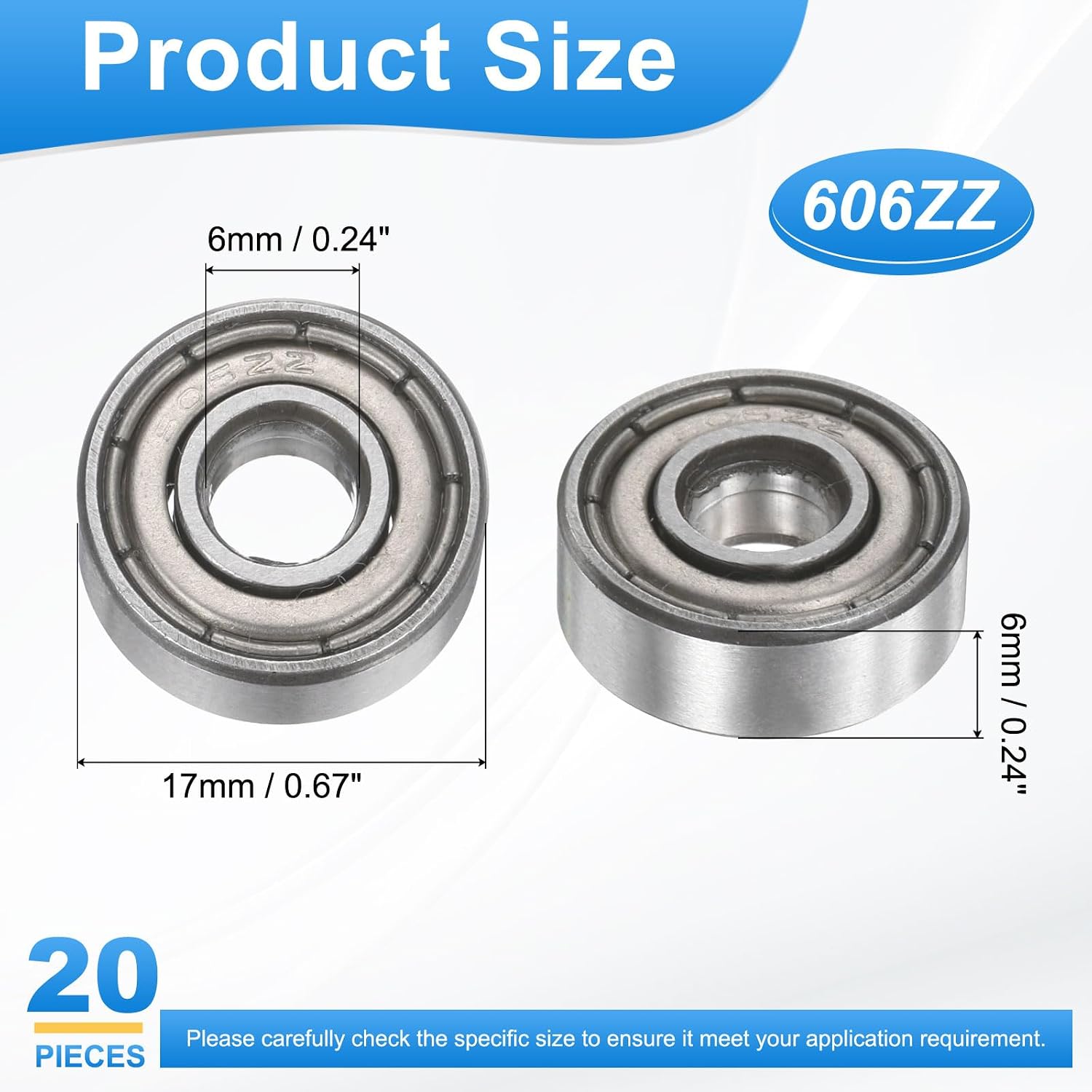 PATIKIL 606ZZ 6mm x 17mm x 6mm Deep Groove Ball Bearing, 20Pcs Double Metal Sealed Miniature Industrial Bearings for Electric Motor Industrial Machine Skateboard Roller Skate