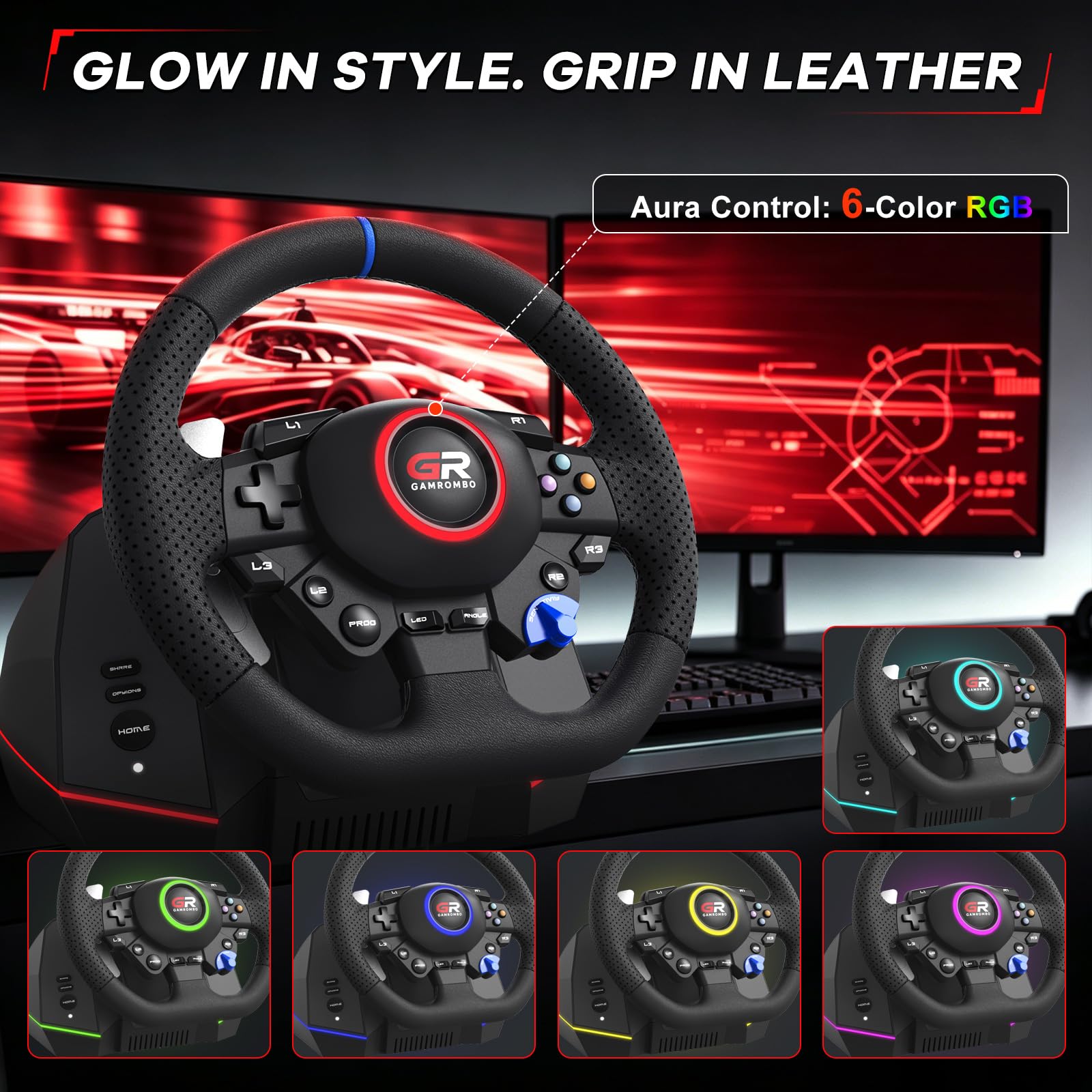 Gamrombo Set di ruote da corsa da 11 pollici per PS5/PS4/PC | con pelle cucita a mano, rotazione di 270°/900°, doppia vibrazione, RGB, Prog Remap, pedale e cambio