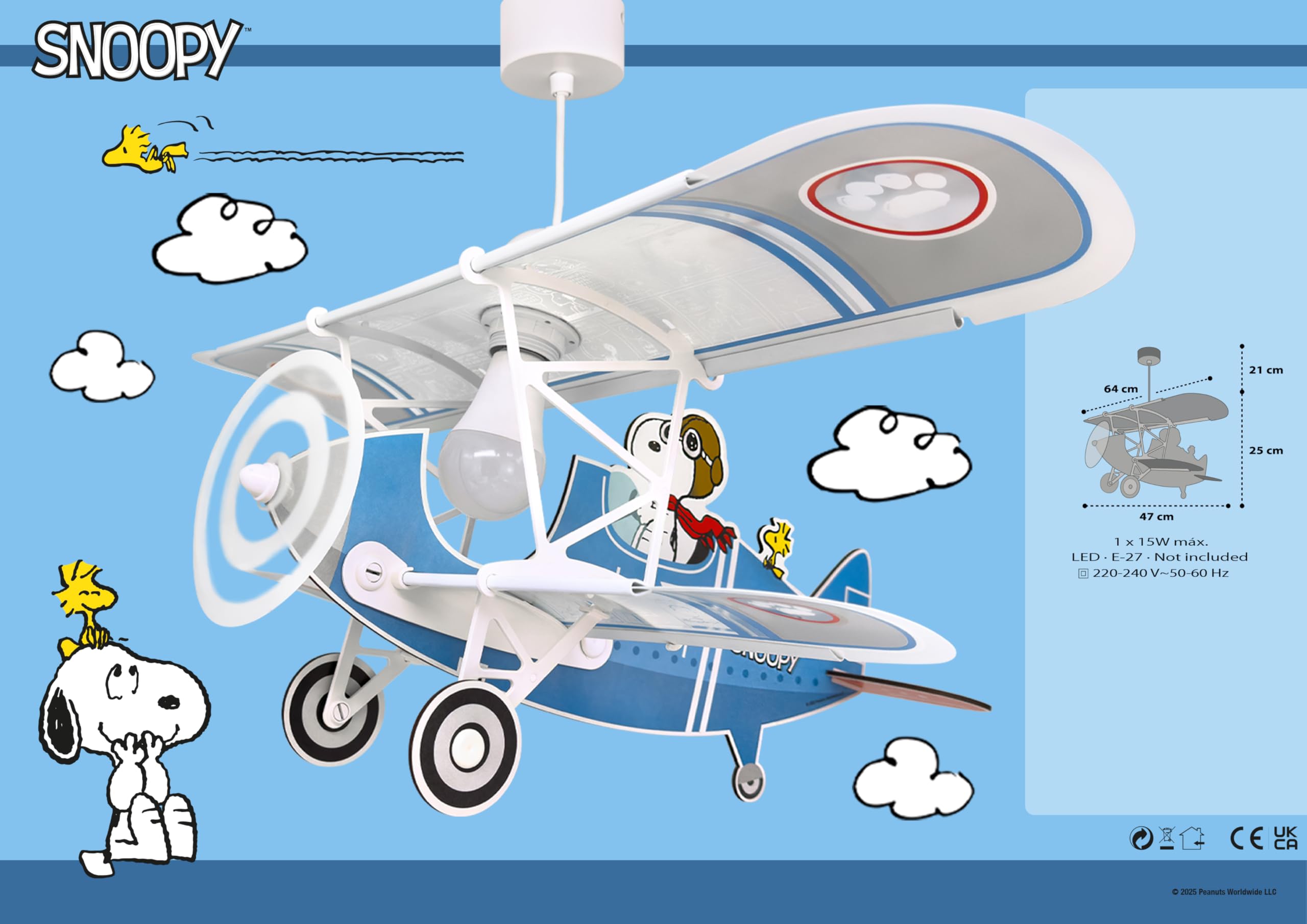 Dalber Lampe kinderzimmer, kinderlampe Pendelleuchte Hängelampe, Deckenleuchte Kinder, Deckenlampe kinderzimmer Flugzeug Snoopy, Deckenlampe Kinderzimmer, 54302, E27 15W LED, Blau | Hängelampe; Deckenleuchte; Kinderzimmer; E27 - 1 x 15W