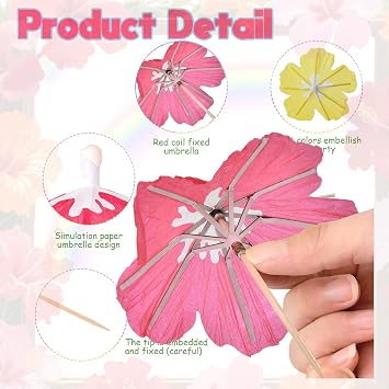 Haundry Cocktail Umbrella Picks, 25-Pack Drink Umbrella Toothpicks, Colorful Paper Cupcake Toppers for Luau Party Sandwich Fruit, Wooden Hibiscus Picks for Tropical Hawaiian Tiki Party Decoration