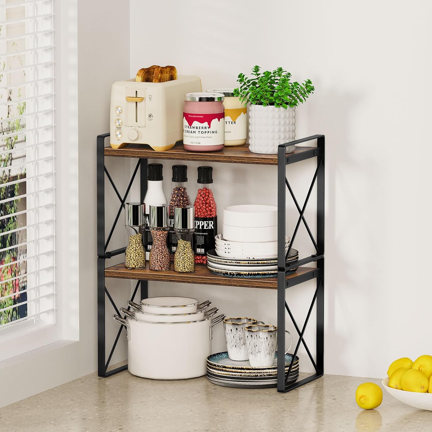 Giikin Countertop Shelf Organizer, Cupboard Stand Spice Rack, Retro Style Cabinet Shelf for Pantry, Kitchen, Bathroom, Reading Room, Bedroom to Save Space (7.8" D x 15.7" W x 9.4" H, Rustic Brown)