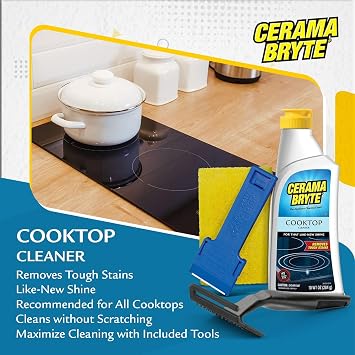 Cerama Bryte - Cooktop Cleaning Kit - Includes 10 oz. Bottle of Cerama Bryte Cooktop Cleaner, 2 Cleaning Pads, 1 POW-R Grip Pad Tool and 1 Scraper packed in Reusable Container