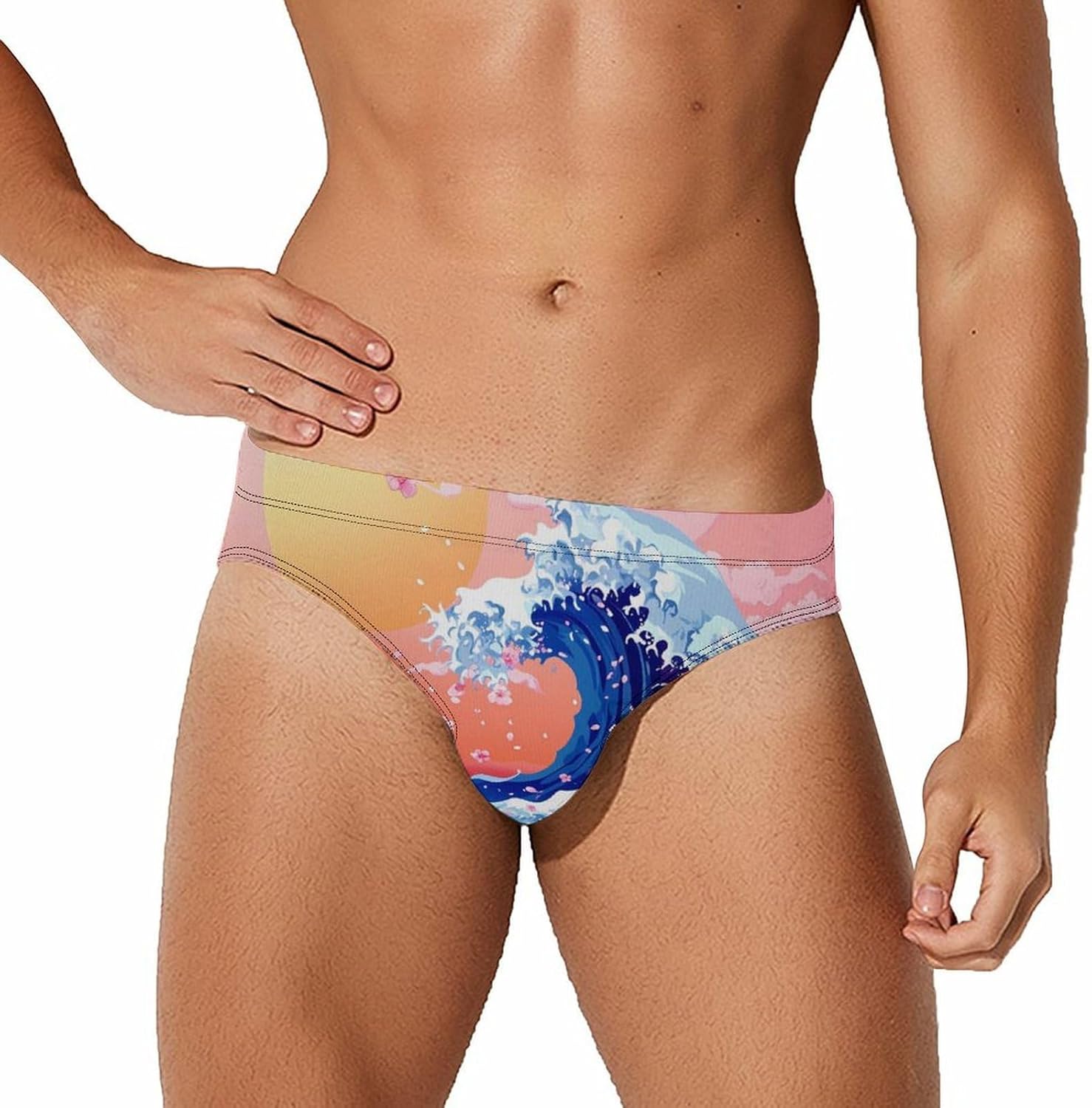 Japan The Great Wave Cherry Men's Swimsuit Brief Sexy Bikini Briefs Retro Printed Swimwear Quick Dry Swimming Trunks 3X-Large